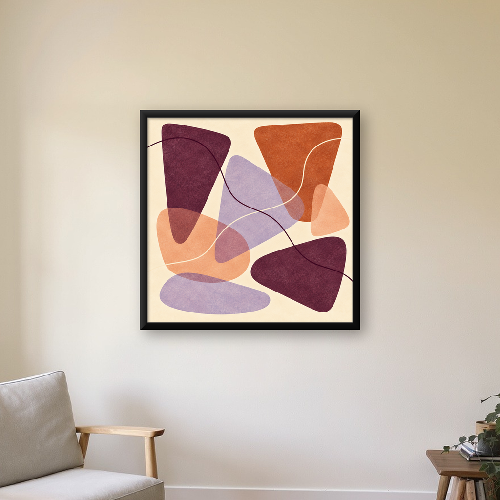 Soyut Renkli Şekiller – Modern Geometrik Dijital Poster — Kare baskı, çerçeveli hâliyle bir ev duvarında