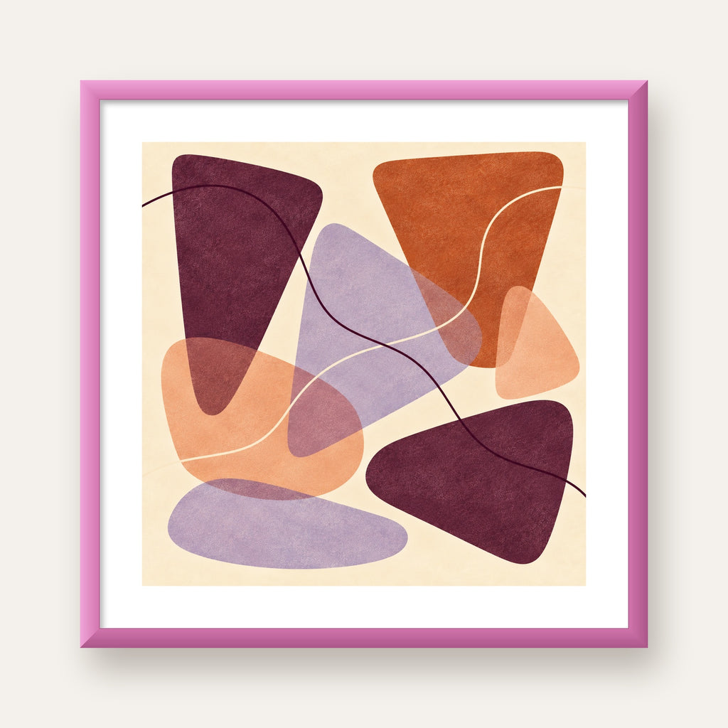 Soyut Renkli Şekiller – Modern Geometrik Dijital Poster — pembe çerçeveli paspartulu