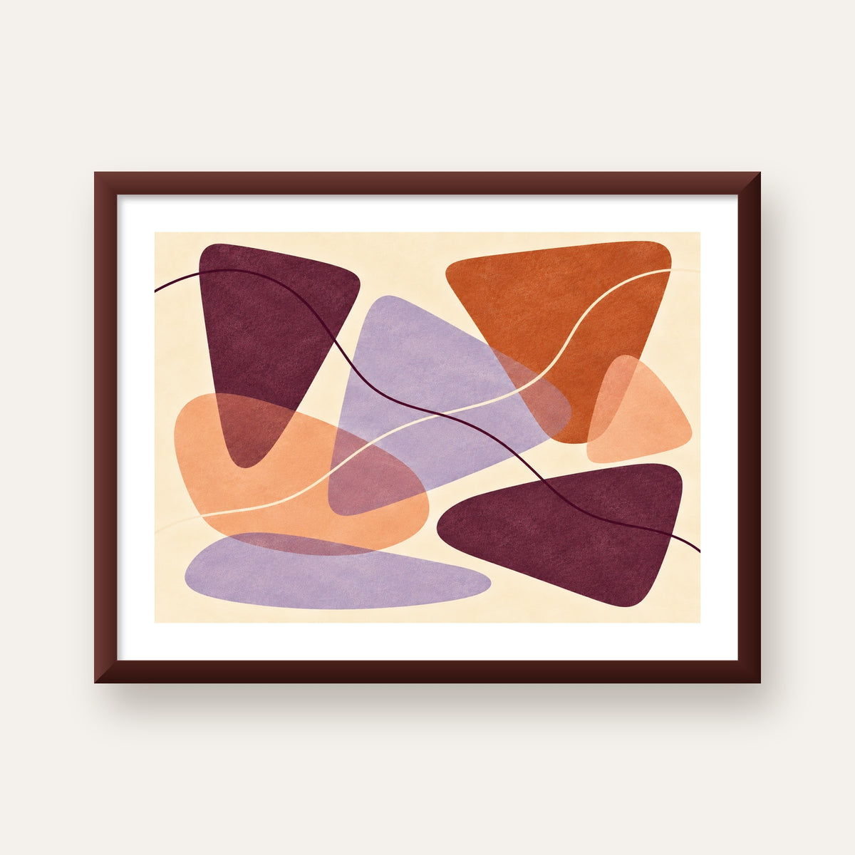Soyut Renkli Şekiller – Modern Geometrik Dijital Poster — ceviz çerçeveli paspartulu