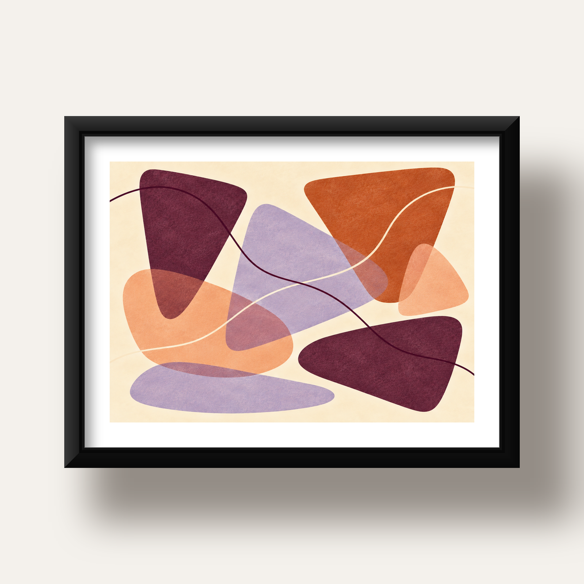 Soyut Renkli Şekiller – Modern Geometrik Dijital Poster — siyah derin çerçeveli paspartulu