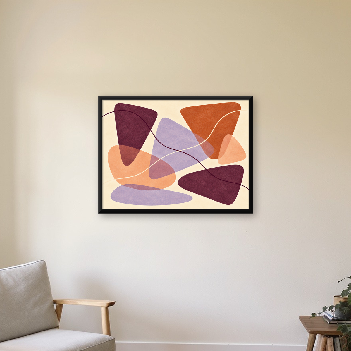 Soyut Renkli Şekiller – Modern Geometrik Dijital Poster — Yatay baskı, çerçeveli hâliyle bir ev duvarında
