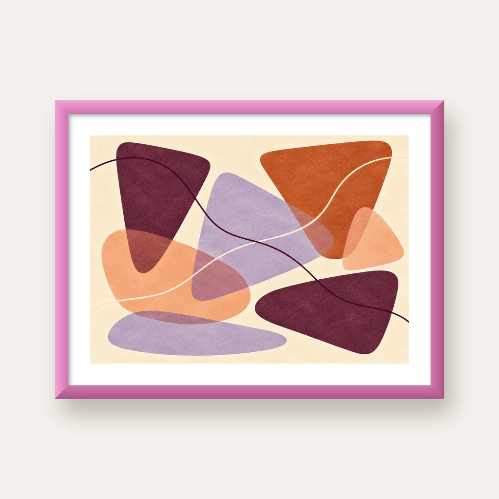 Soyut Renkli Şekiller – Modern Geometrik Dijital Poster — pembe çerçeveli paspartulu