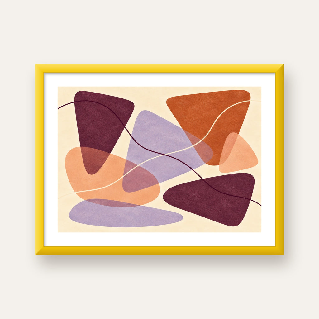 Soyut Renkli Şekiller – Modern Geometrik Dijital Poster — sarı çerçeveli paspartulu