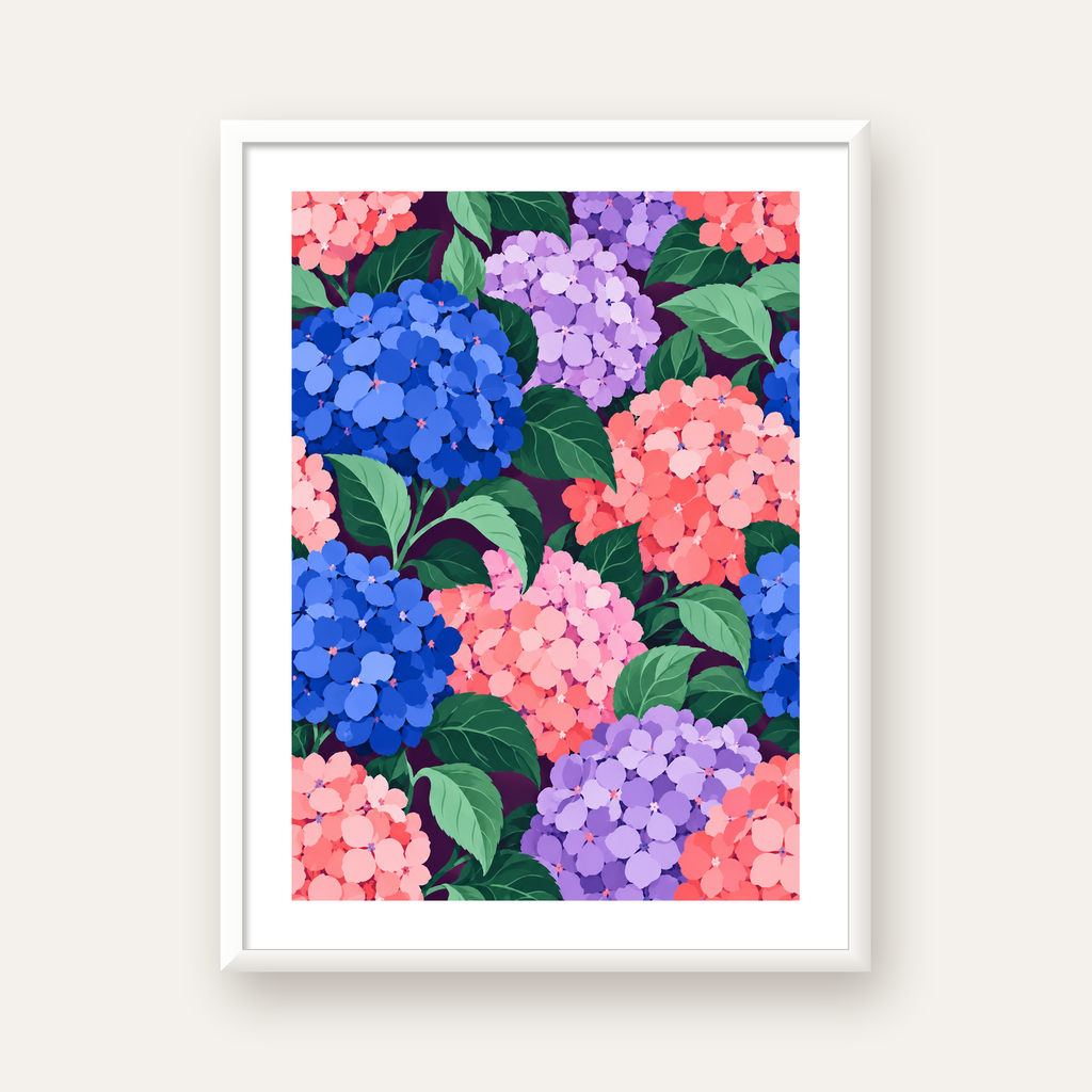 Renkli Ortanca Çiçek Desenli Canlı Dijital Poster — beyaz çerçeveli dikey poster