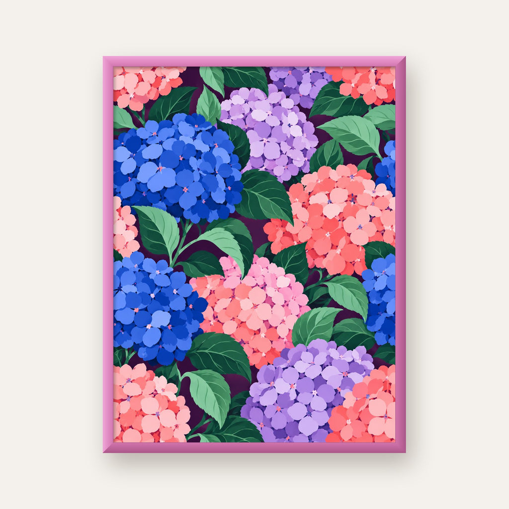 Renkli Ortanca Çiçek Desenli Canlı Dijital Poster — pembe çerçeveli