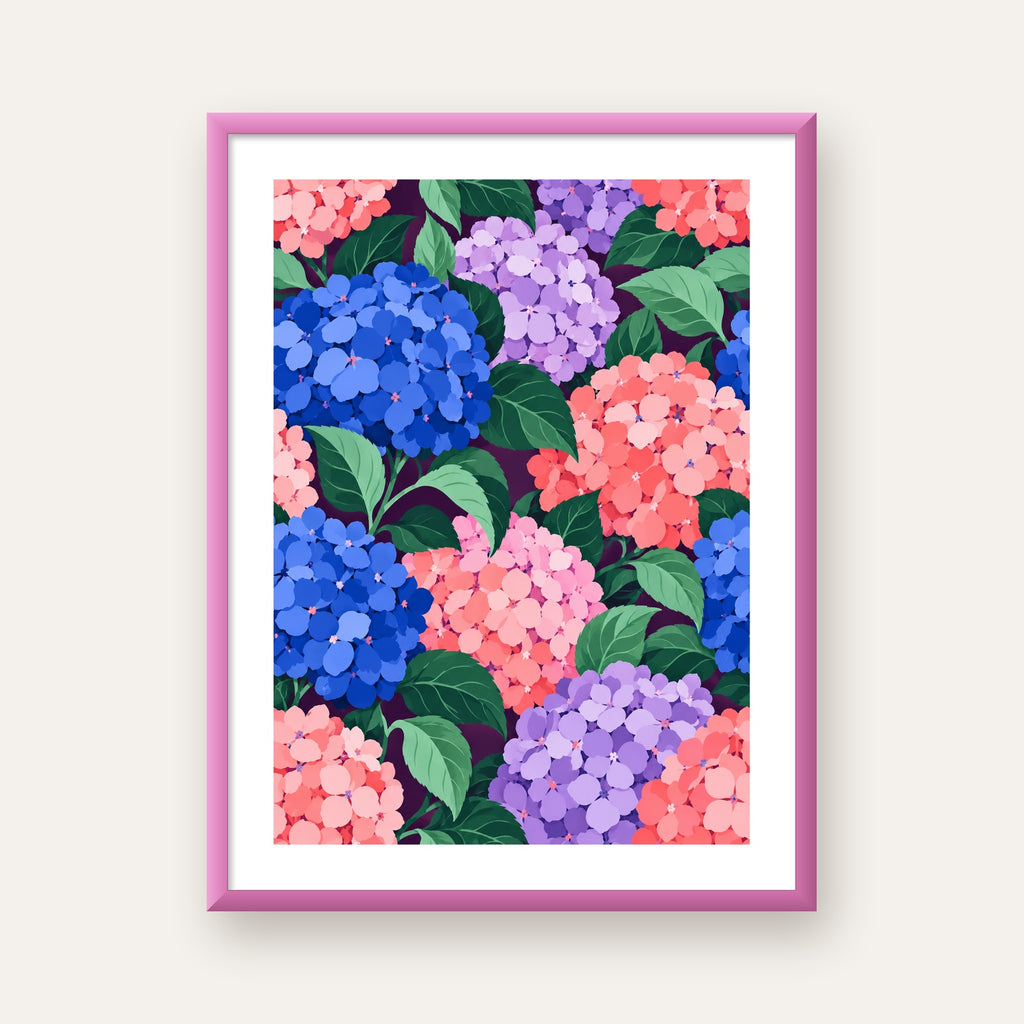 Renkli Ortanca Çiçek Desenli Canlı Dijital Poster — pembe çerçeveli paspartulu