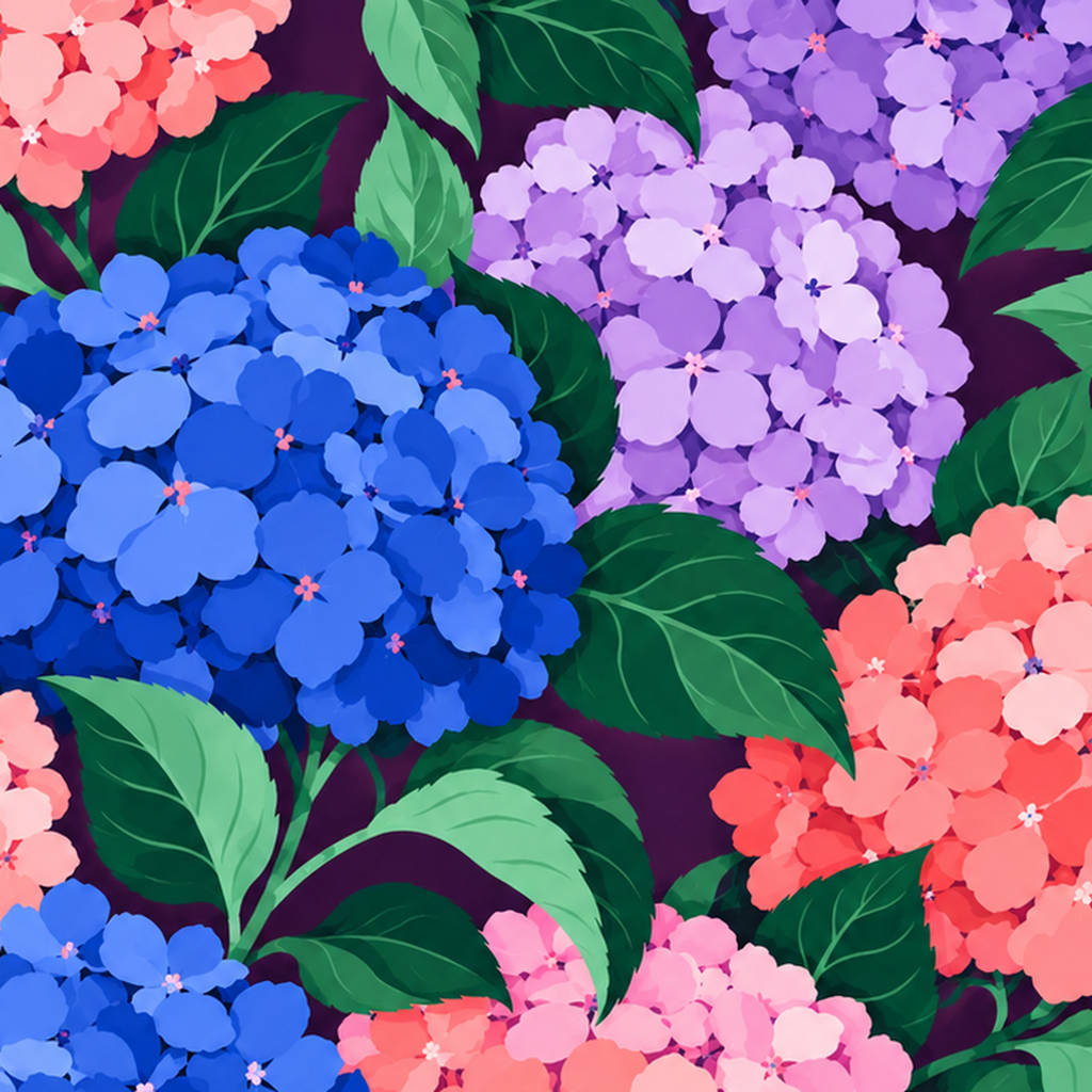 Pastel Ortanca Çiçek Desenli Modern Poster Sanat Baskısı — baskının yakın çekimi, kâğıt dokusu ve renk detayı