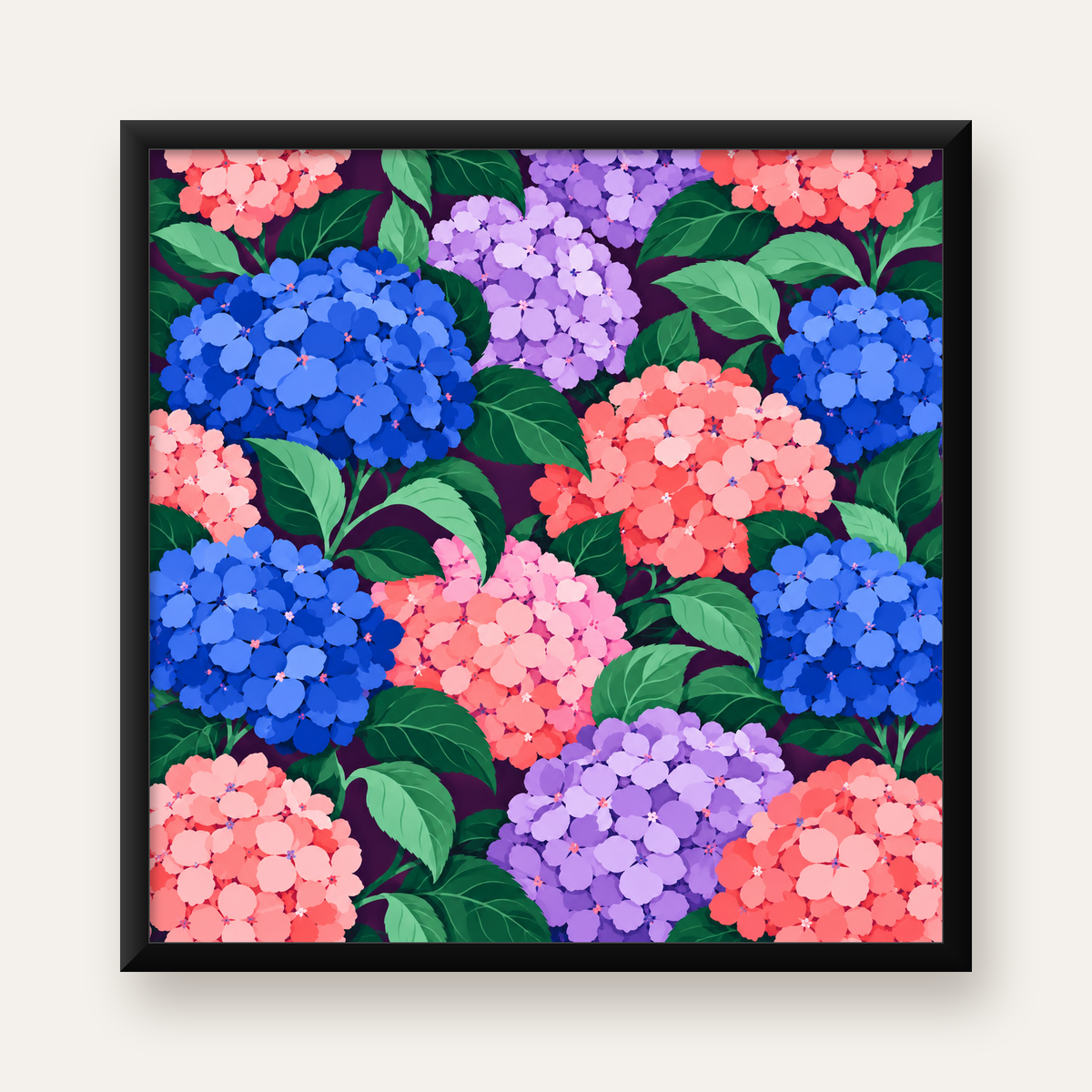 Pastel Ortanca Çiçek Desenli Modern Poster Sanat Baskısı — Kare baskı, düz siyah çerçeveli duvar posteri