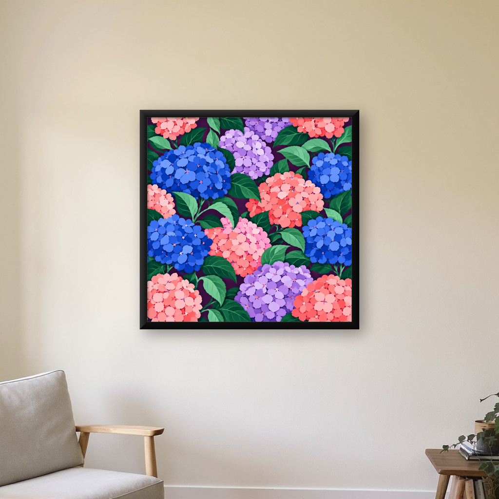 Pastel Ortanca Çiçek Desenli Modern Poster Sanat Baskısı — Kare baskı, çerçeveli hâliyle bir ev duvarında