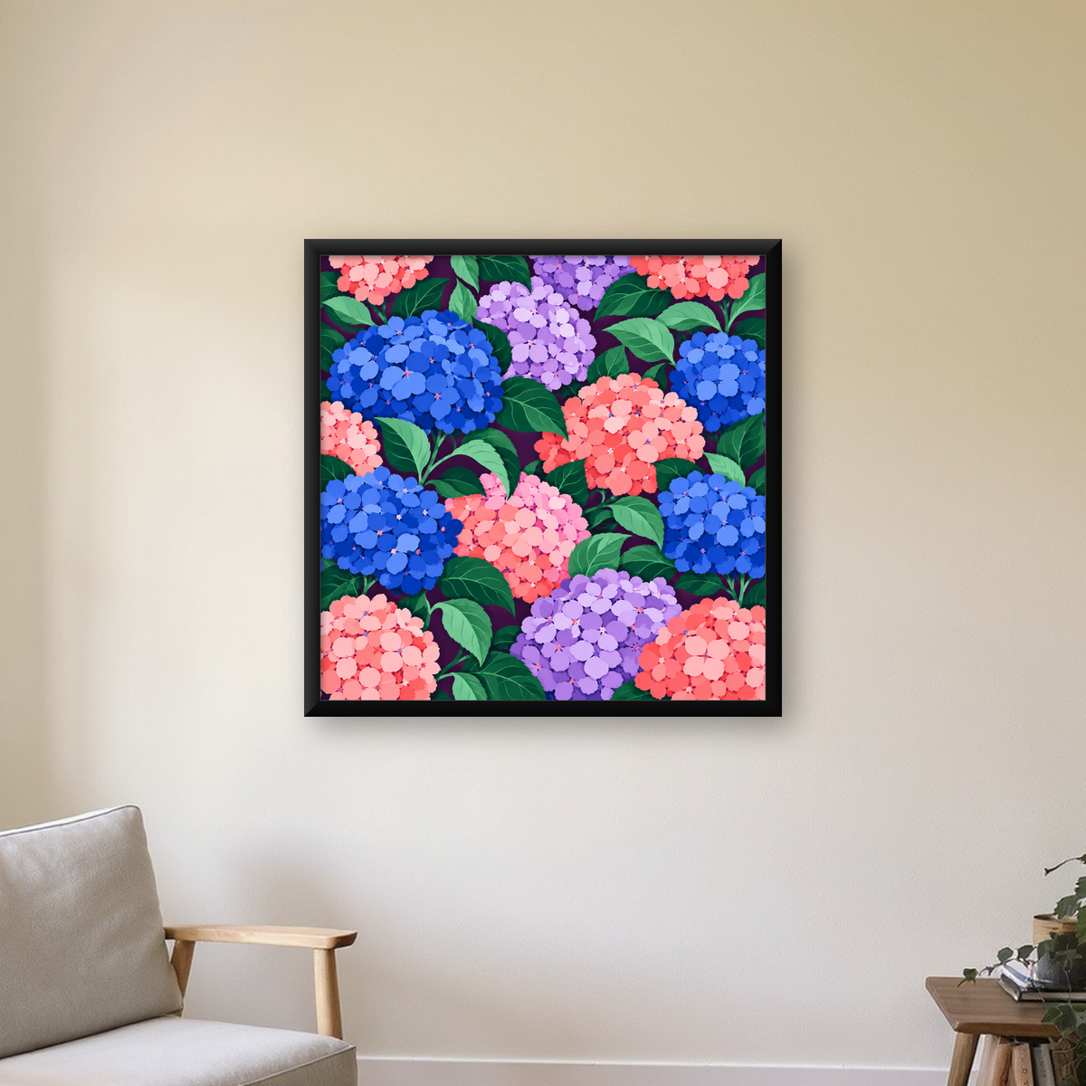 Pastel Ortanca Çiçek Desenli Modern Poster Sanat Baskısı — Kare baskı, çerçeveli hâliyle bir ev duvarında