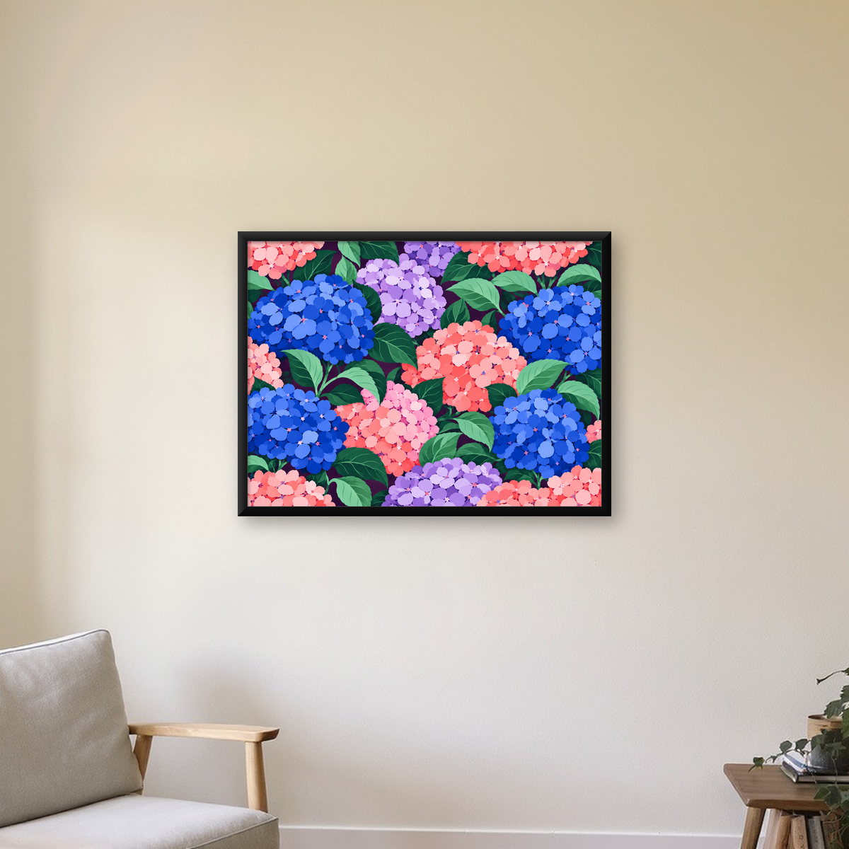Pastel Ortanca Çiçek Desenli Modern Poster Sanat Baskısı — Yatay baskı, çerçeveli hâliyle bir ev duvarında