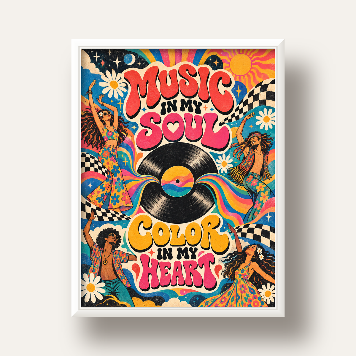 Retro Dans ve Müzik Temalı Renkli Poster – Psychedelic 70’ler — beyaz derin çerçeveli