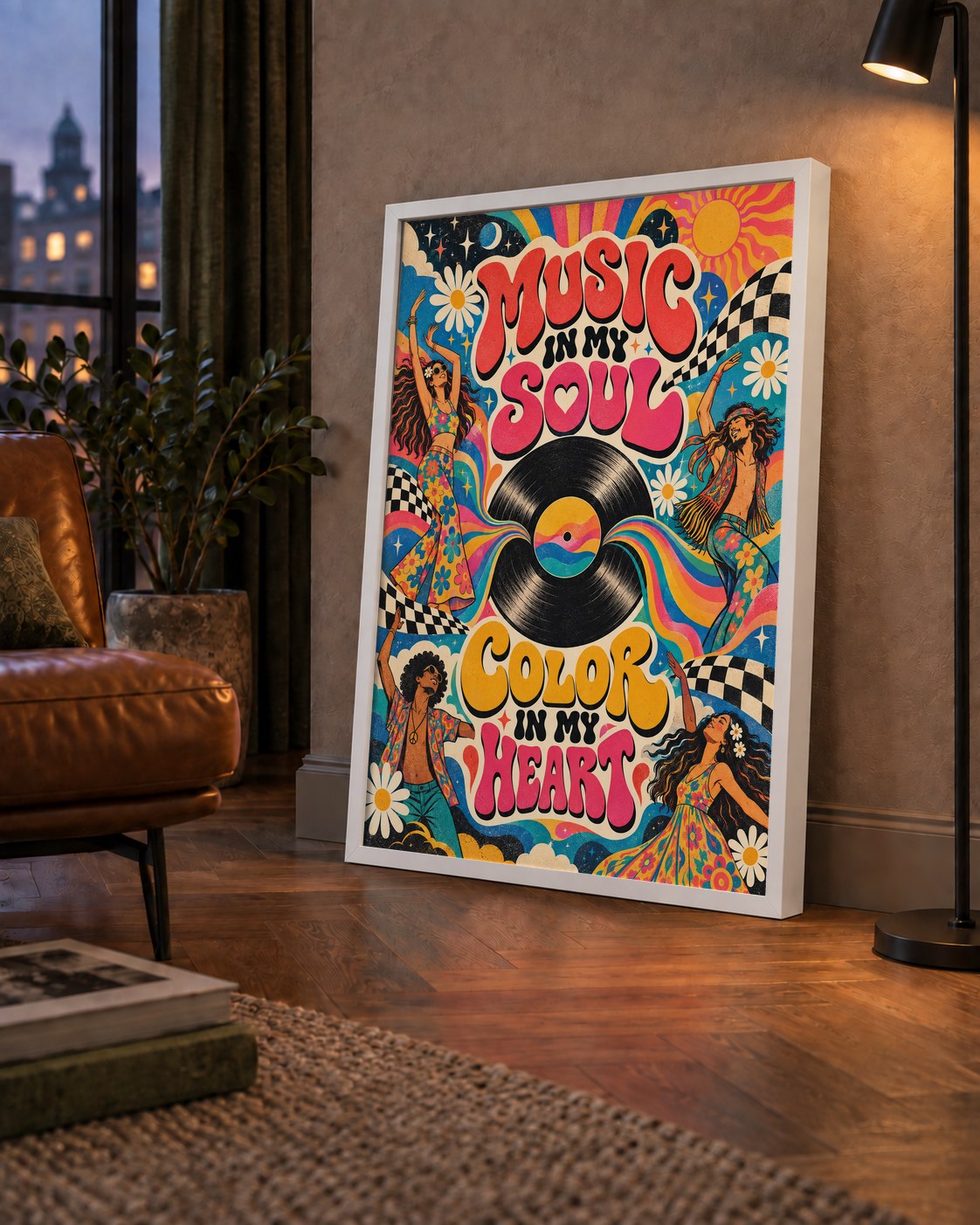 Retro Dans ve Müzik Temalı Renkli Poster – Psychedelic 70’ler — çerçeveli hâliyle bir ev duvarında