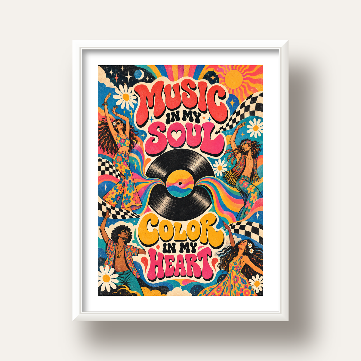 Retro Dans ve Müzik Temalı Renkli Poster – Psychedelic 70’ler — beyaz derin çerçeveli paspartulu