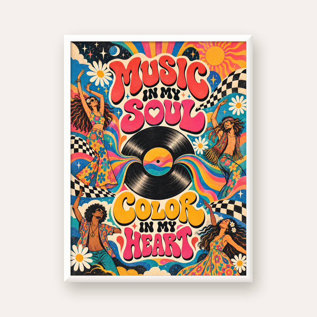 Retro Dans ve Müzik Temalı Renkli Poster – Psychedelic 70’ler — beyaz çerçeveli dikey poster