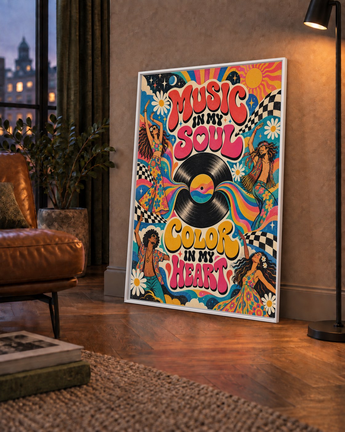 Retro Dans ve Müzik Temalı Renkli Poster – Psychedelic 70’ler — çerçeveli hâliyle bir ev duvarında