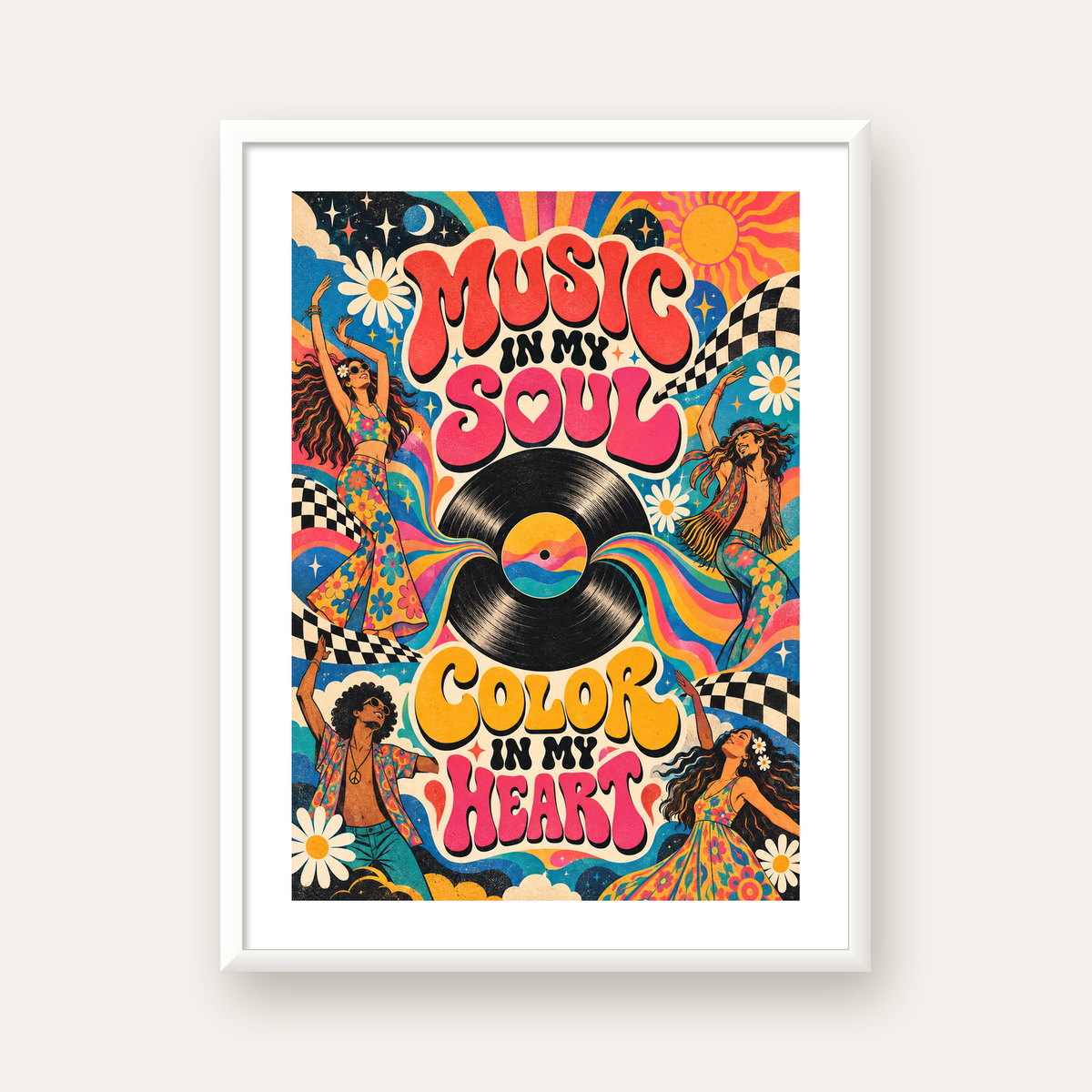 Retro Dans ve Müzik Temalı Renkli Poster – Psychedelic 70’ler — beyaz çerçeveli dikey poster