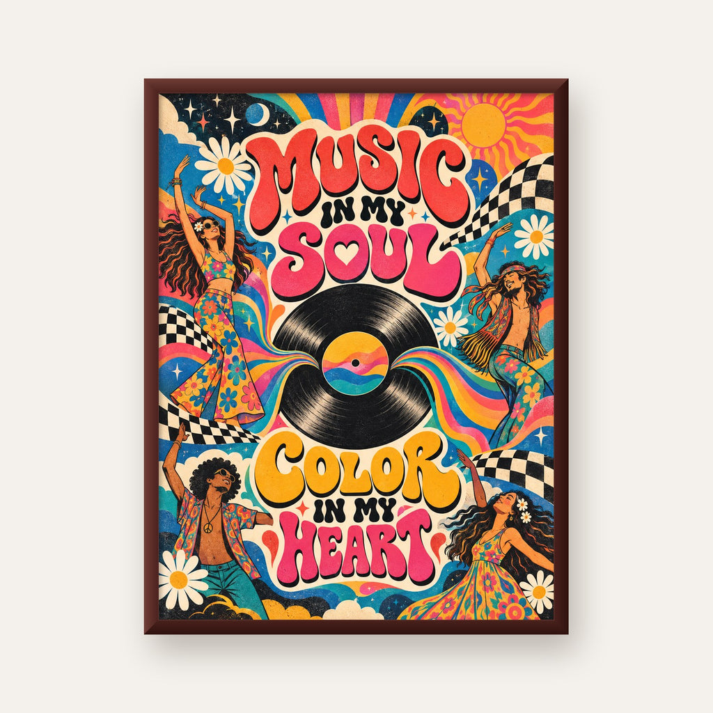 Retro Dans ve Müzik Temalı Renkli Poster – Psychedelic 70’ler — ceviz çerçeveli