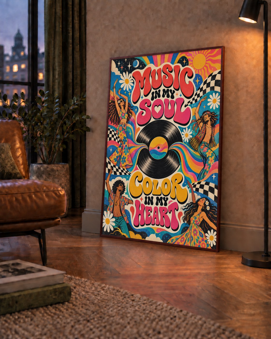 Retro Dans ve Müzik Temalı Renkli Poster – Psychedelic 70’ler — çerçeveli hâliyle bir ev duvarında