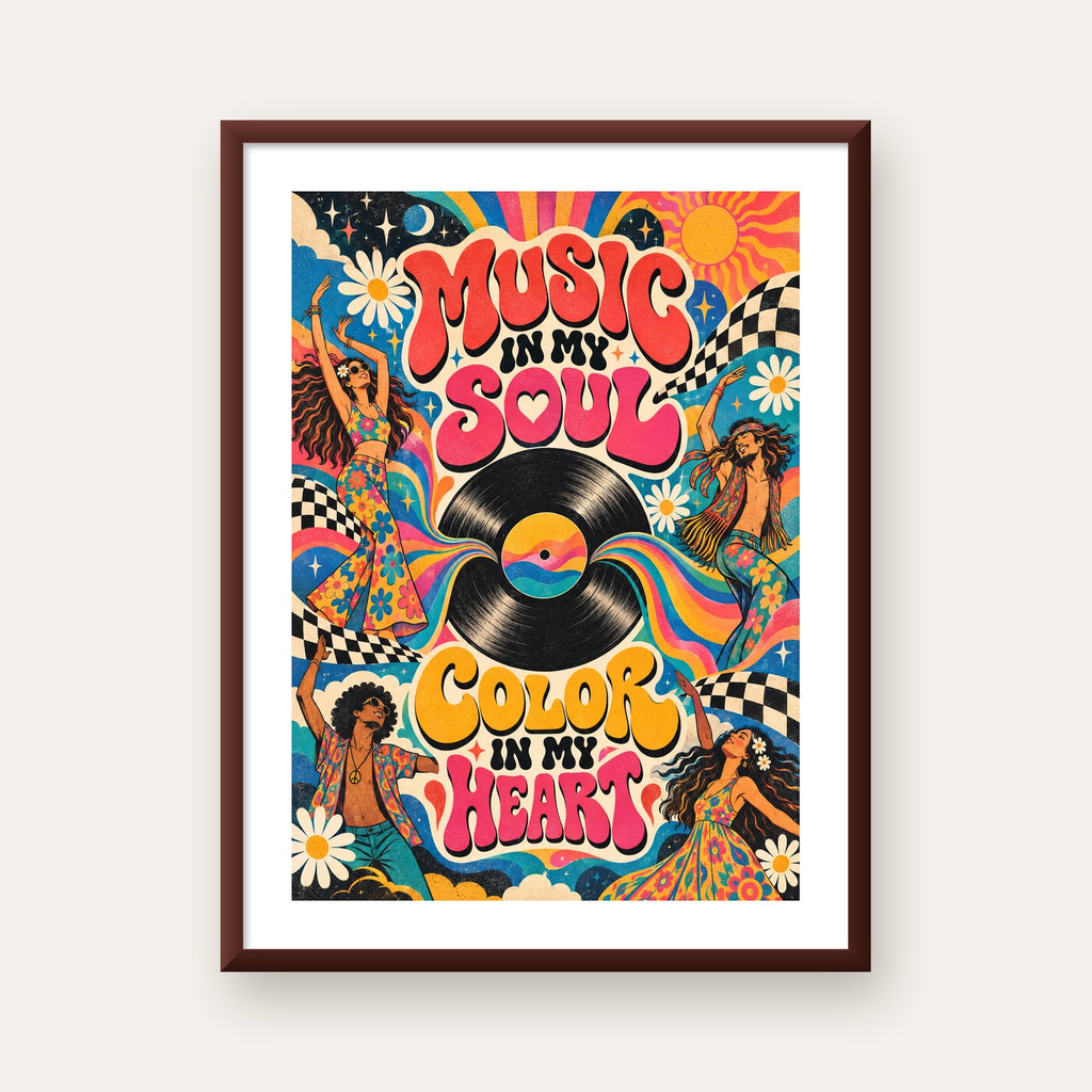 Retro Dans ve Müzik Temalı Renkli Poster – Psychedelic 70’ler — ceviz çerçeveli paspartulu
