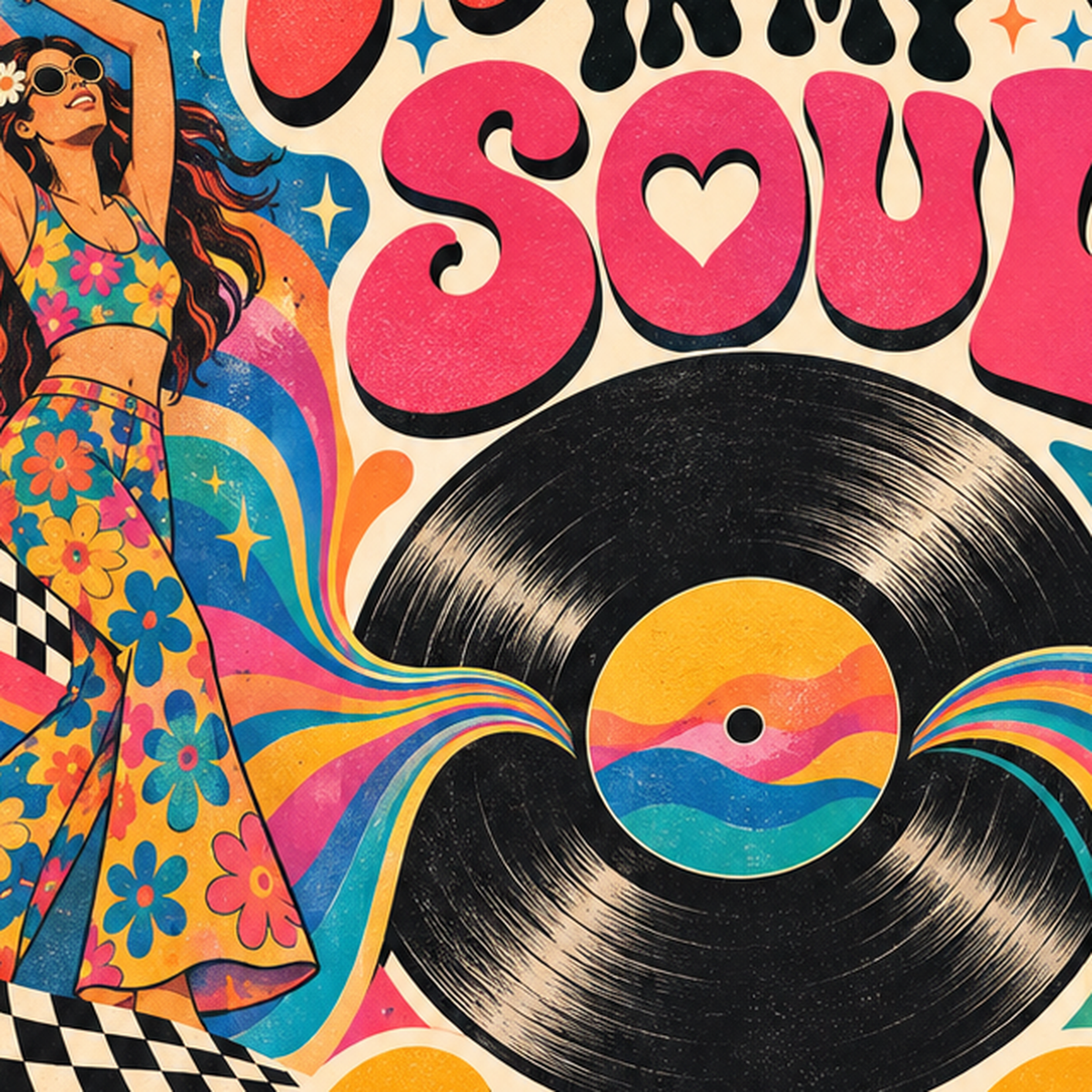 Retro Dans ve Müzik Temalı Renkli Poster – Psychedelic 70’ler — baskının yakın çekimi, kâğıt dokusu ve renk detayı