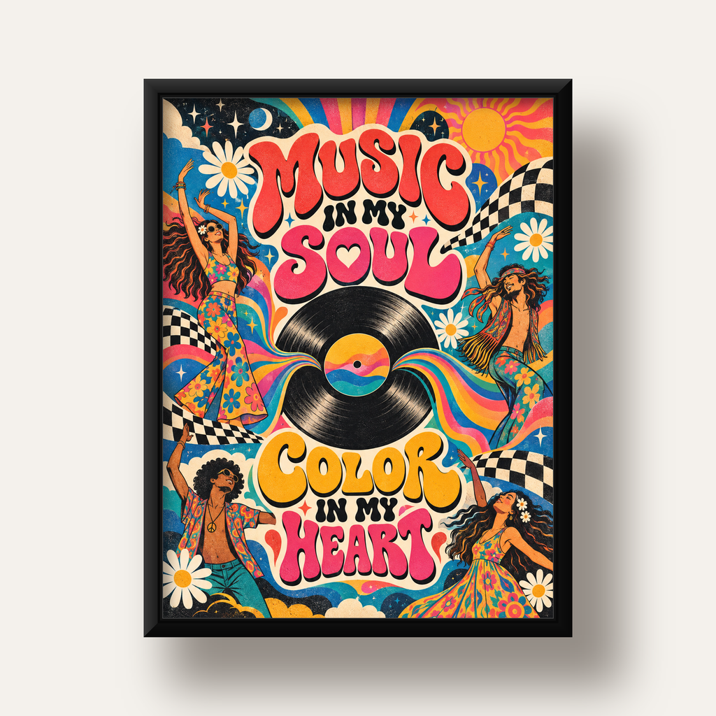 Retro Dans ve Müzik Temalı Renkli Poster – Psychedelic 70’ler — siyah derin çerçeveli