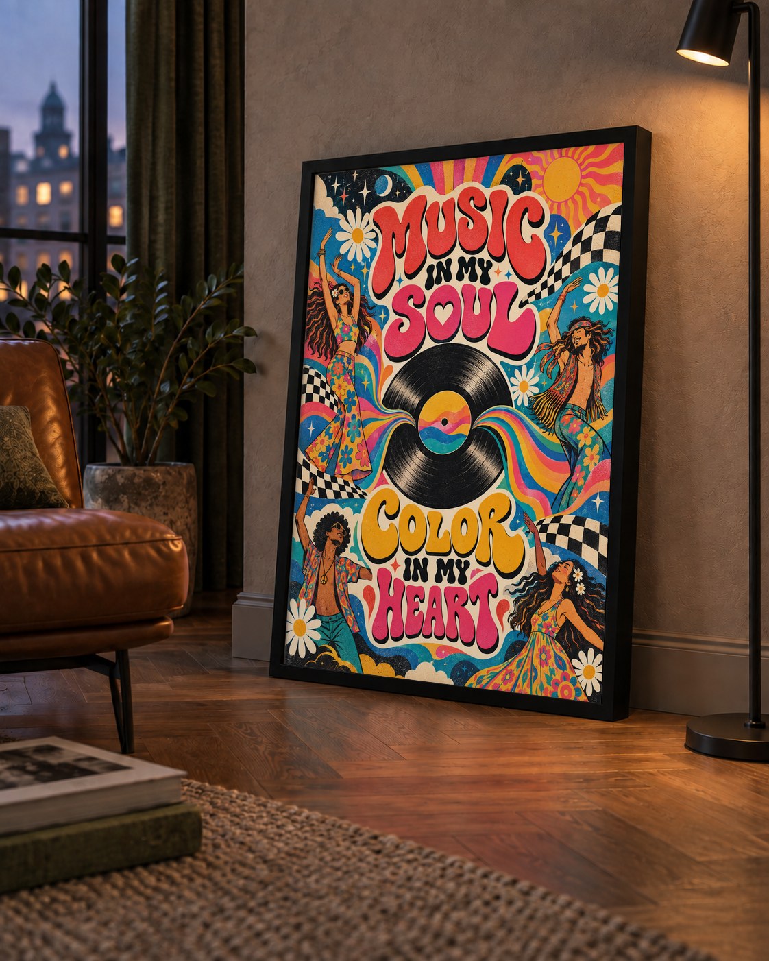 Retro Dans ve Müzik Temalı Renkli Poster – Psychedelic 70’ler — çerçeveli hâliyle bir ev duvarında