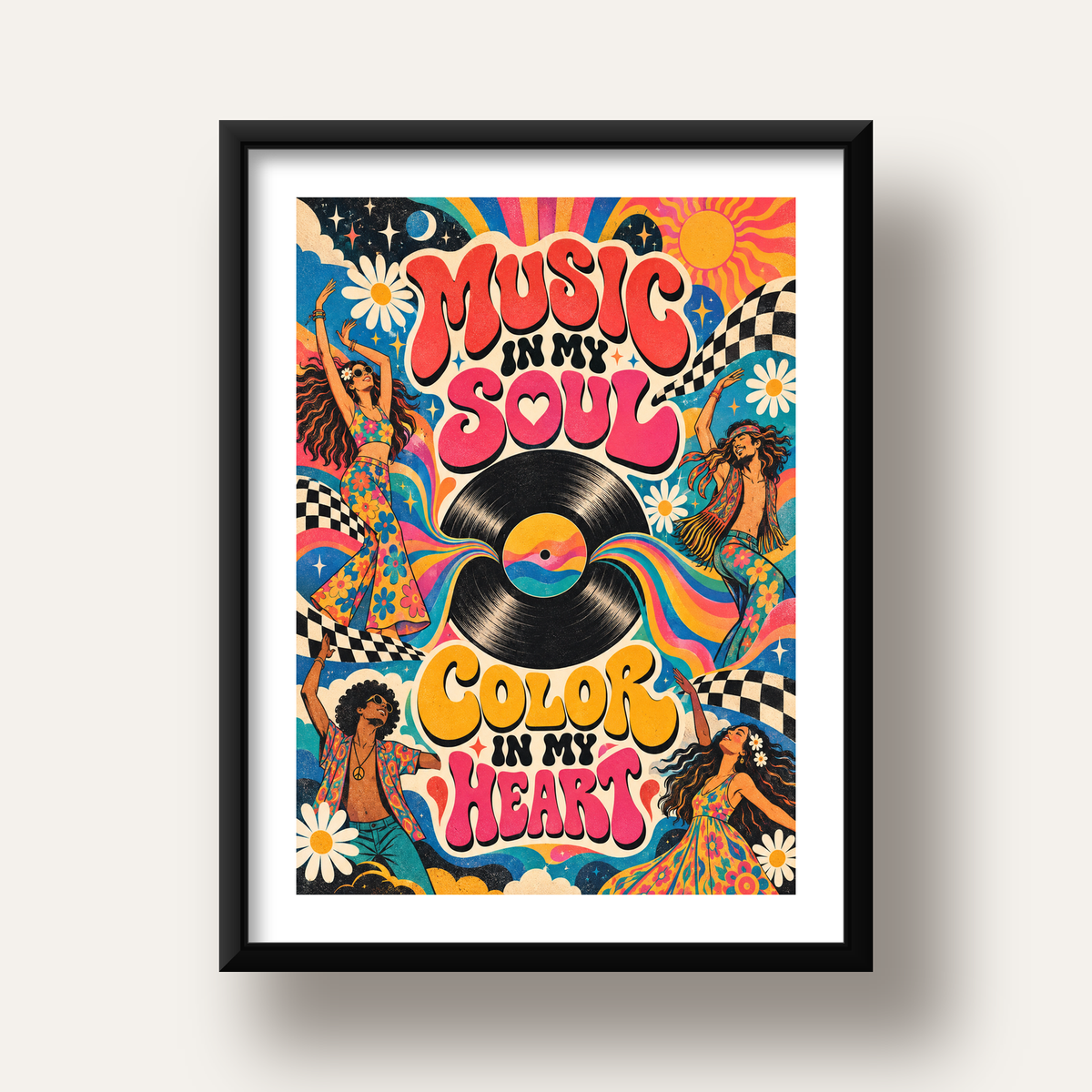 Retro Dans ve Müzik Temalı Renkli Poster – Psychedelic 70’ler — siyah derin çerçeveli paspartulu