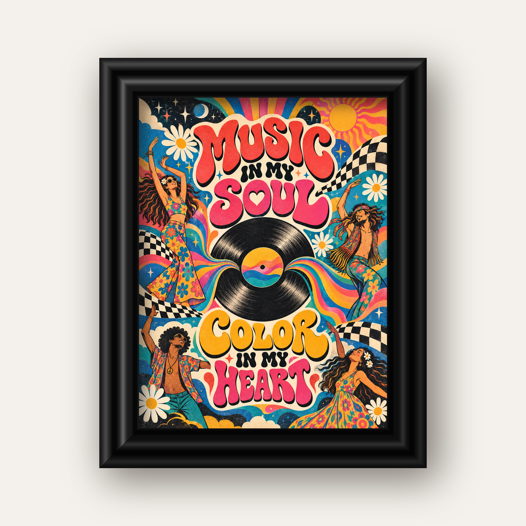Retro Dans ve Müzik Temalı Renkli Poster – Psychedelic 70’ler — siyah galeri çerçeveli
