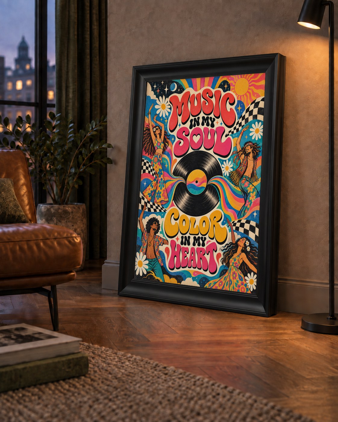 Retro Dans ve Müzik Temalı Renkli Poster – Psychedelic 70’ler — çerçeveli hâliyle bir ev duvarında