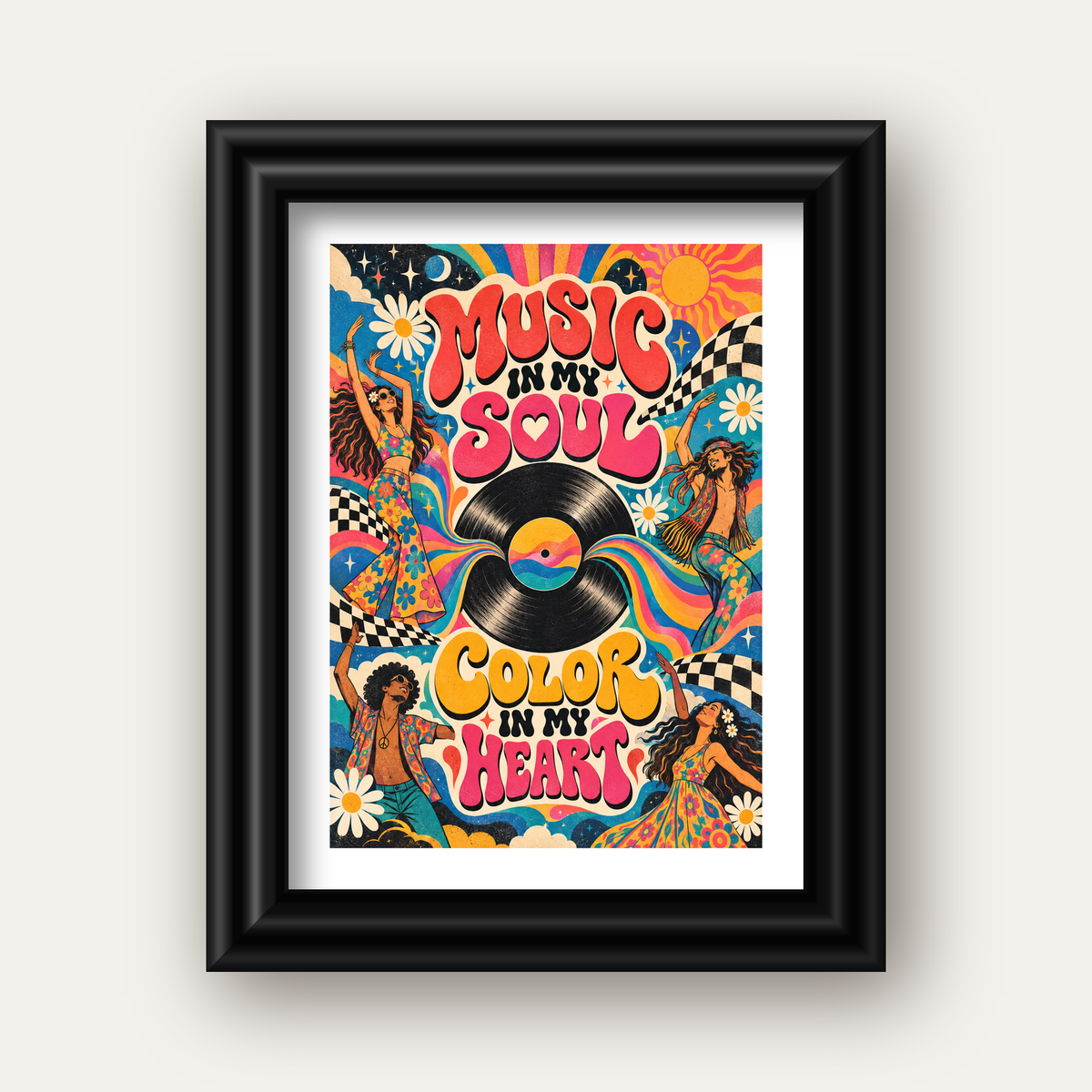 Retro Dans ve Müzik Temalı Renkli Poster – Psychedelic 70’ler — siyah galeri çerçeveli paspartulu