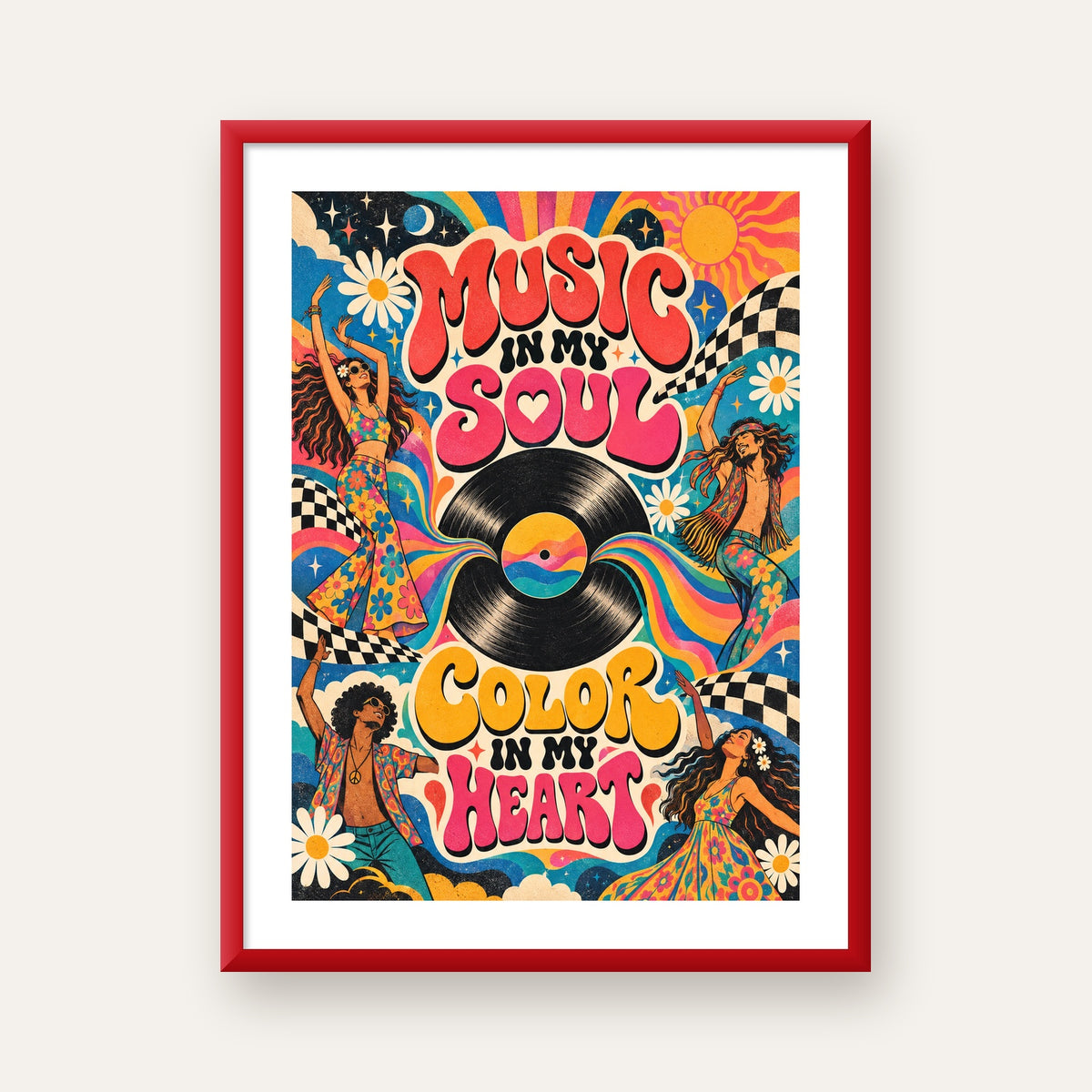 Retro Dans ve Müzik Temalı Renkli Poster – Psychedelic 70’ler — kırmızı çerçeveli paspartulu