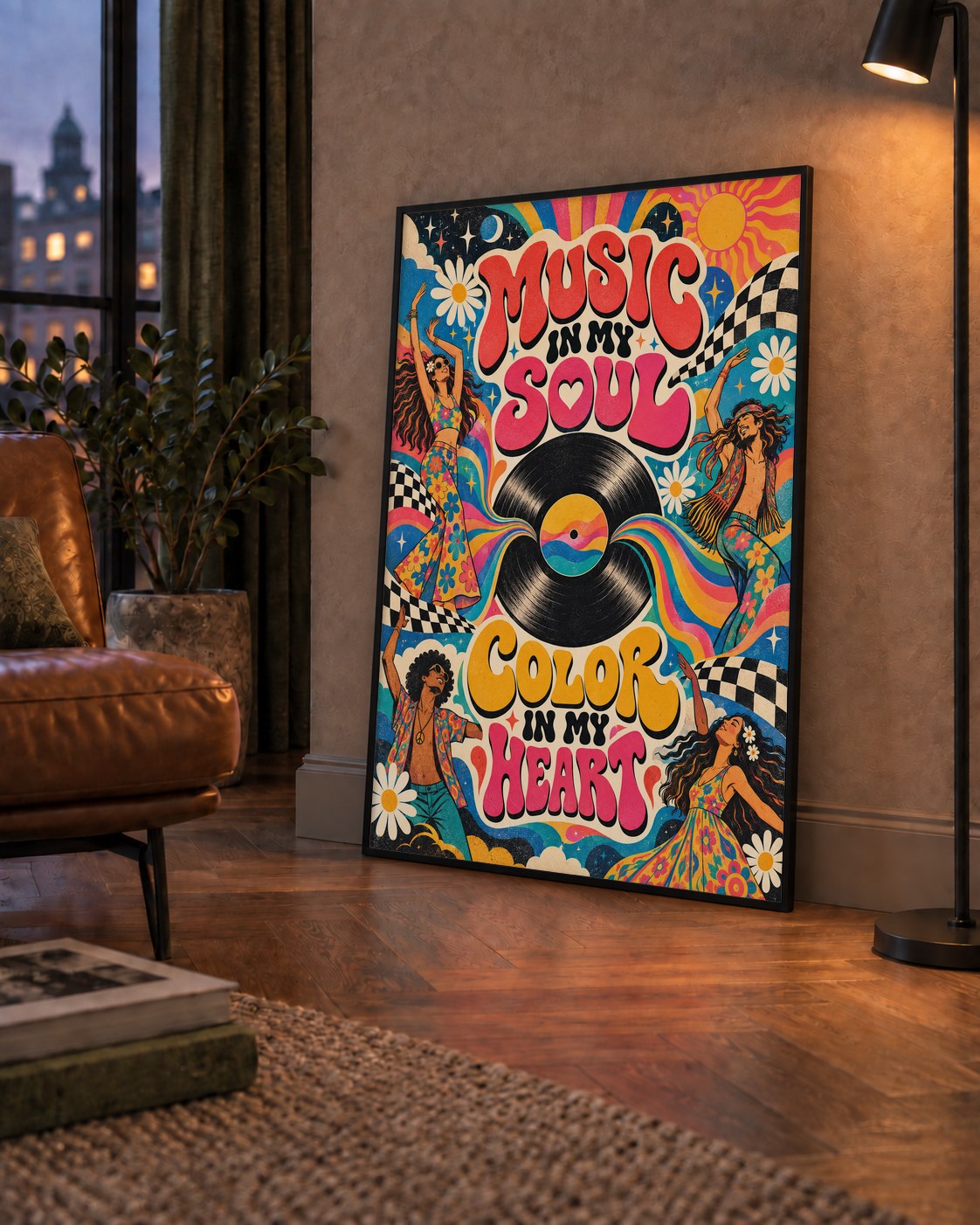 Retro Dans ve Müzik Temalı Renkli Poster – Psychedelic 70’ler — çerçeveli hâliyle bir ev duvarında