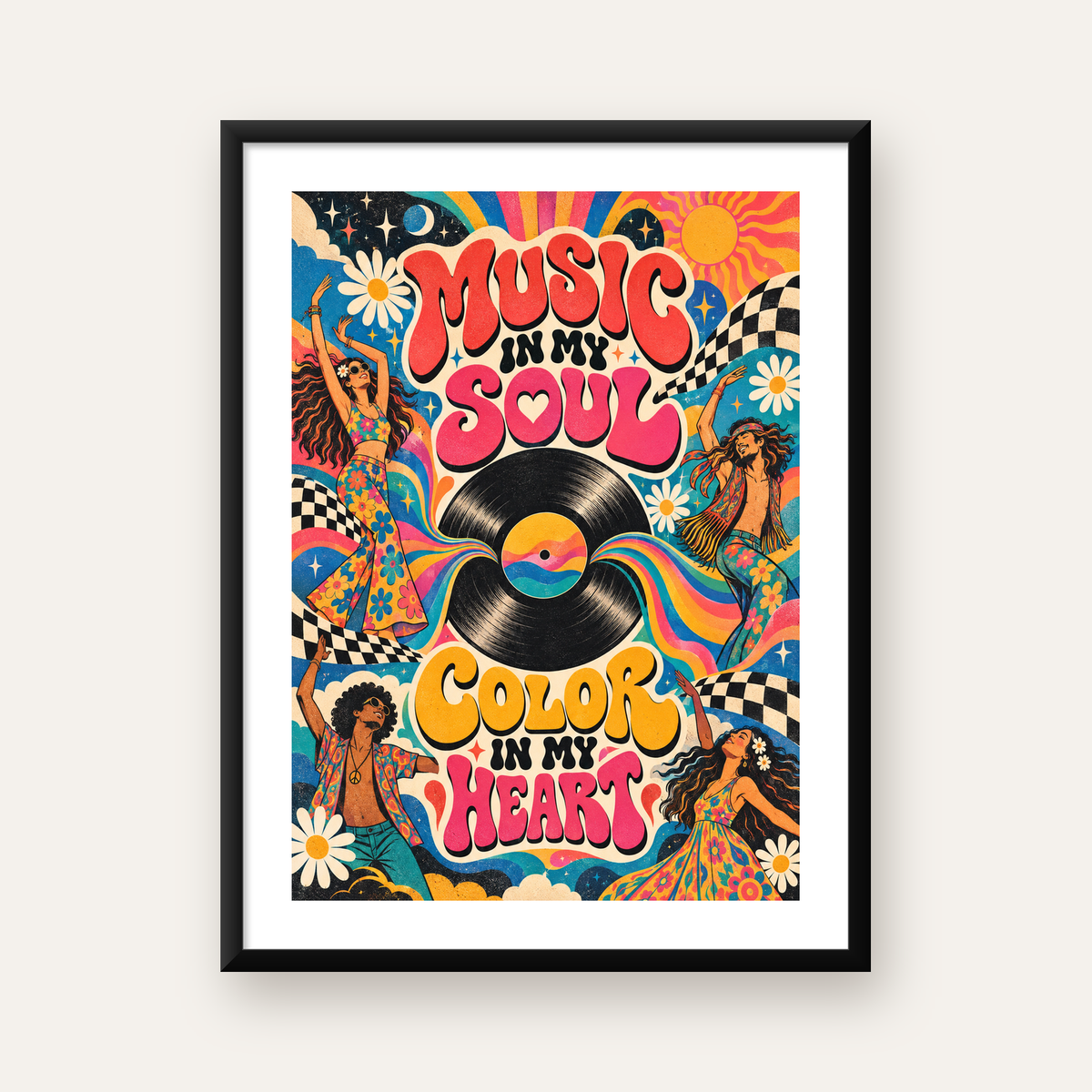 Retro Dans ve Müzik Temalı Renkli Poster – Psychedelic 70’ler — Dikey baskı, beyaz paspartulu