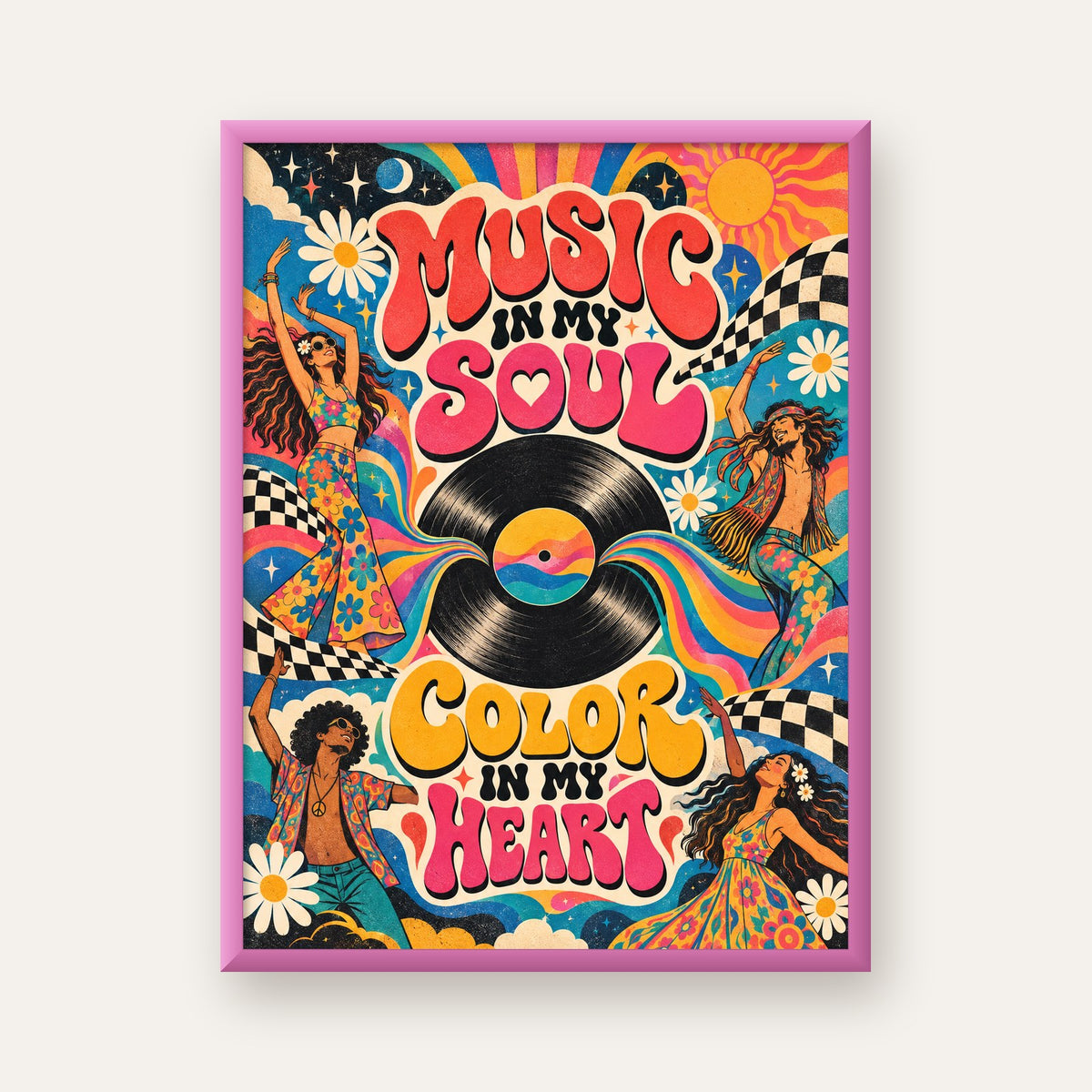 Retro Dans ve Müzik Temalı Renkli Poster – Psychedelic 70’ler — pembe çerçeveli