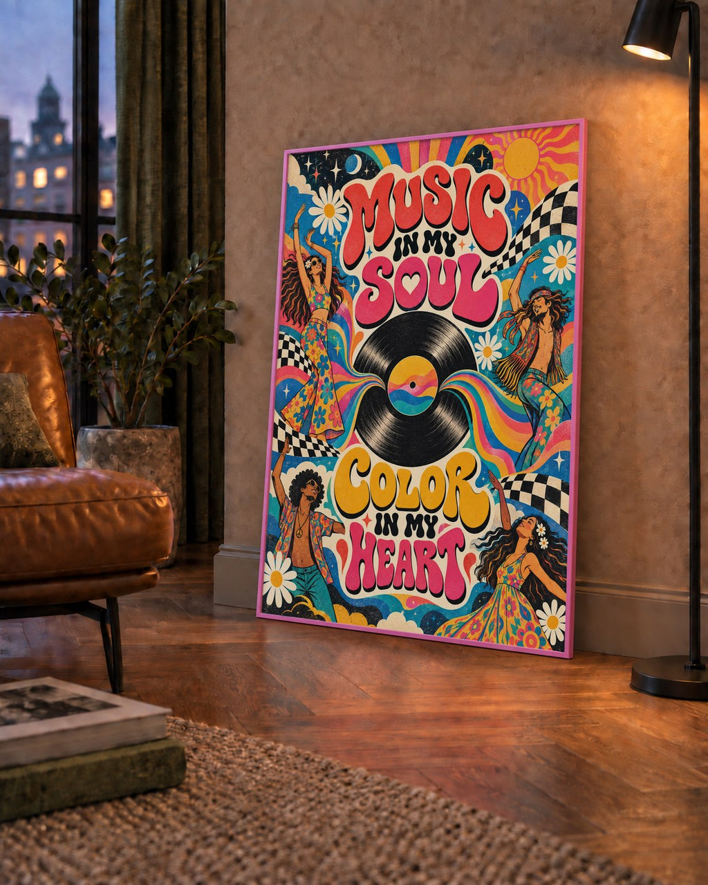 Retro Dans ve Müzik Temalı Renkli Poster – Psychedelic 70’ler — çerçeveli hâliyle bir ev duvarında