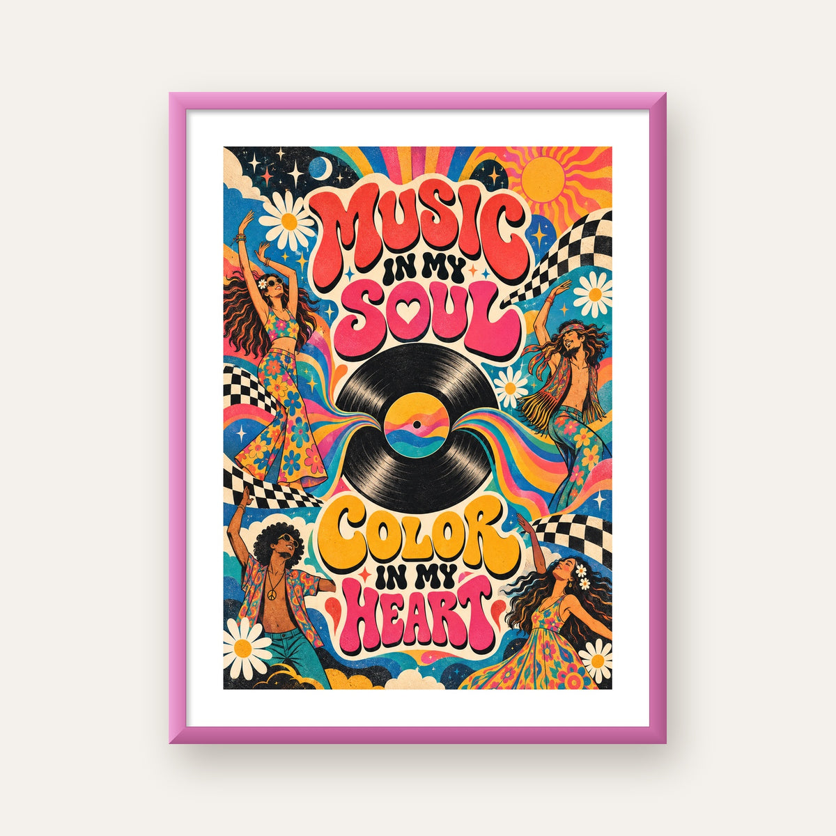Retro Dans ve Müzik Temalı Renkli Poster – Psychedelic 70’ler — pembe çerçeveli paspartulu