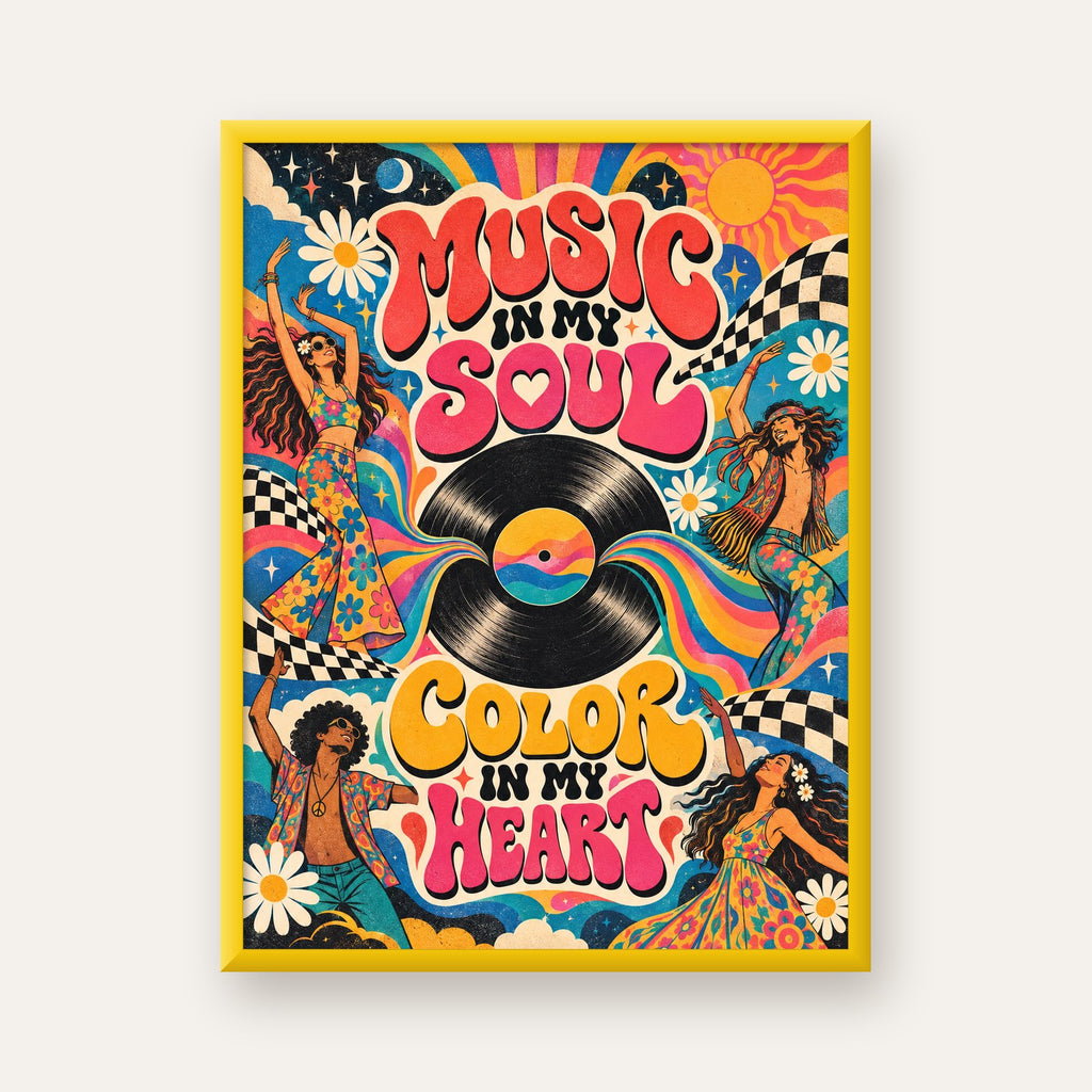 Retro Dans ve Müzik Temalı Renkli Poster – Psychedelic 70’ler — sarı çerçeveli