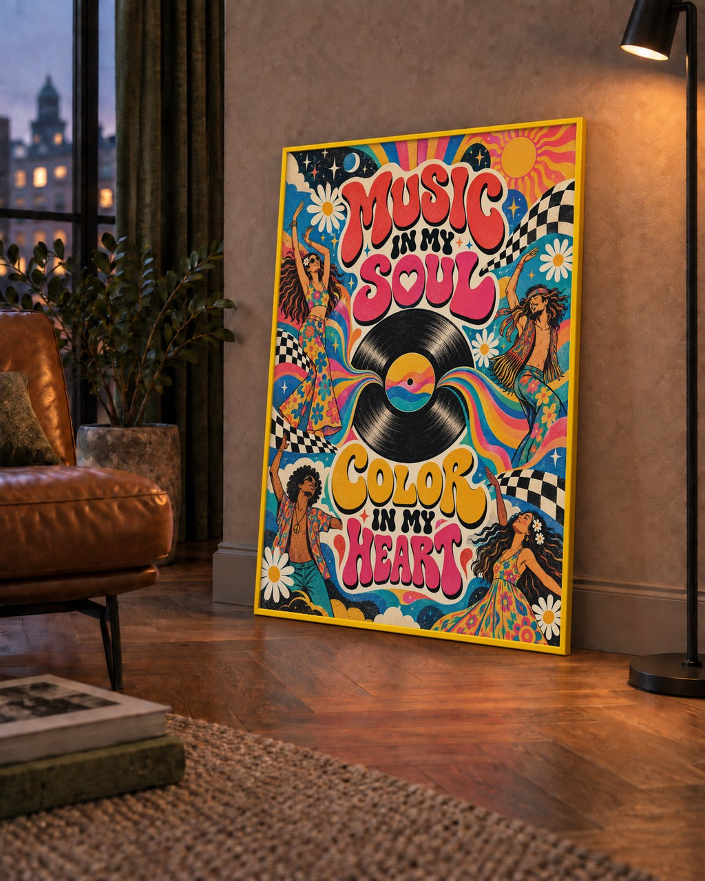 Retro Dans ve Müzik Temalı Renkli Poster – Psychedelic 70’ler — çerçeveli hâliyle bir ev duvarında