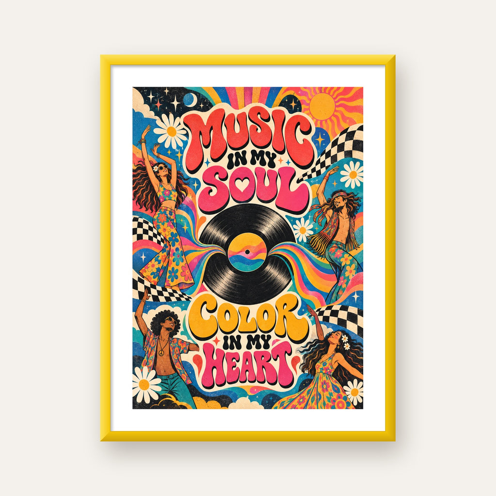 Retro Dans ve Müzik Temalı Renkli Poster – Psychedelic 70’ler — sarı çerçeveli paspartulu