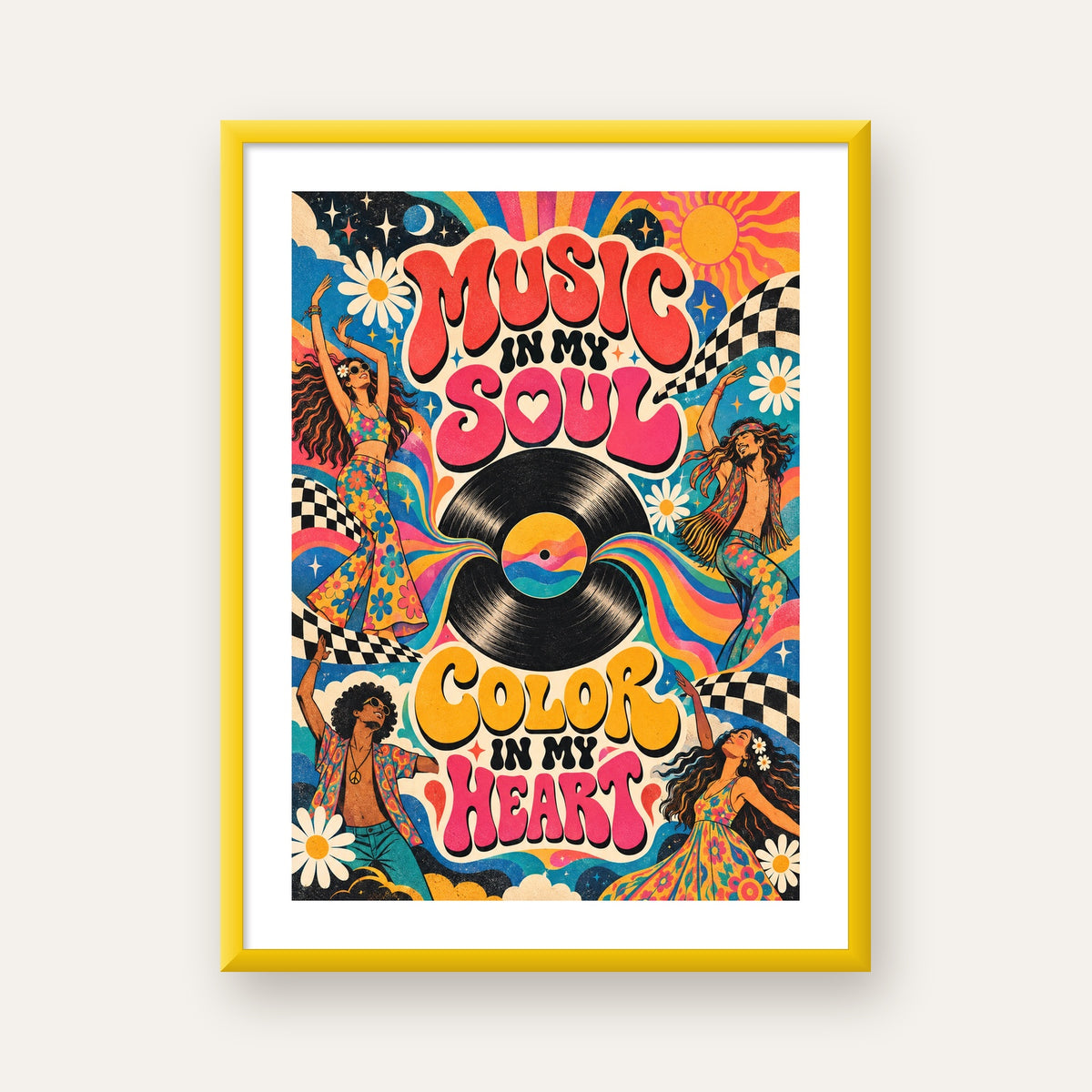 Retro Dans ve Müzik Temalı Renkli Poster – Psychedelic 70’ler — sarı çerçeveli paspartulu