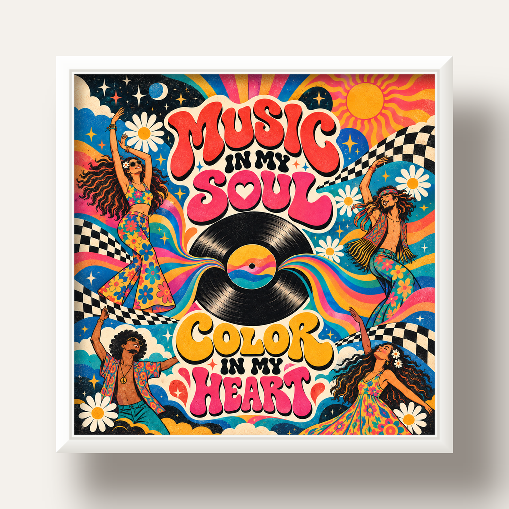 Retro Dans ve Müzik Temalı Renkli Poster – Psychedelic 70’ler — beyaz derin çerçeveli