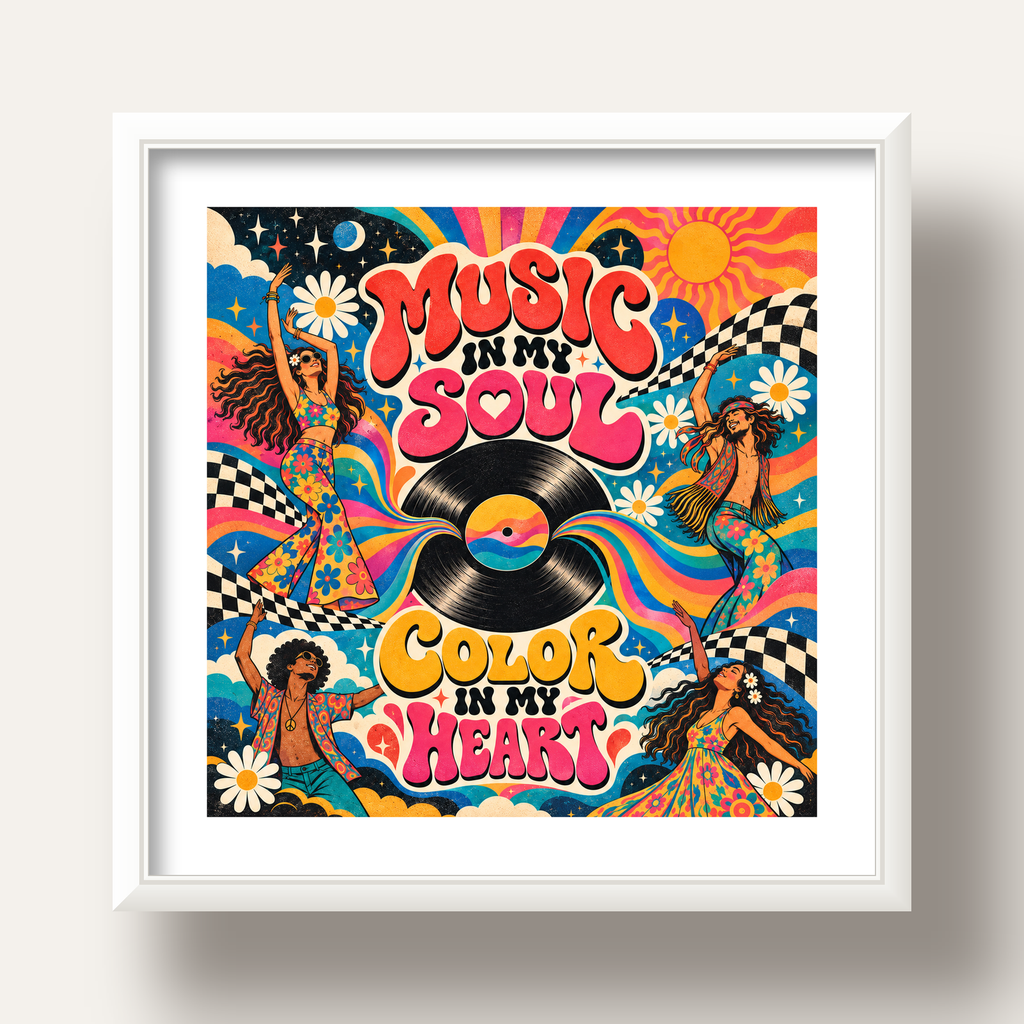 Retro Dans ve Müzik Temalı Renkli Poster – Psychedelic 70’ler — beyaz derin çerçeveli paspartulu
