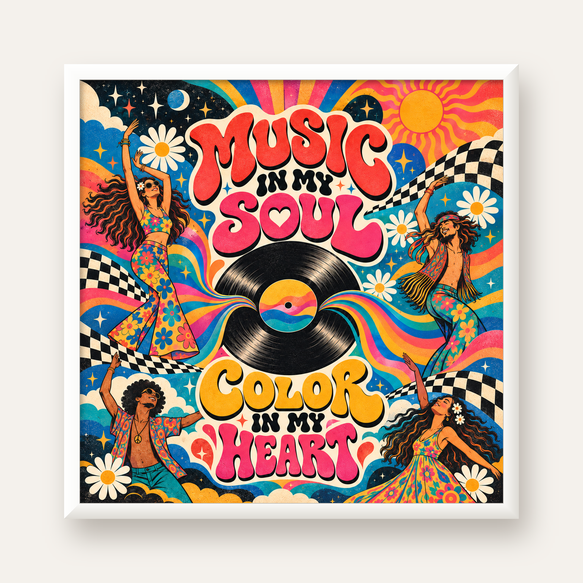Retro Dans ve Müzik Temalı Renkli Poster – Psychedelic 70’ler — beyaz çerçeveli kare poster