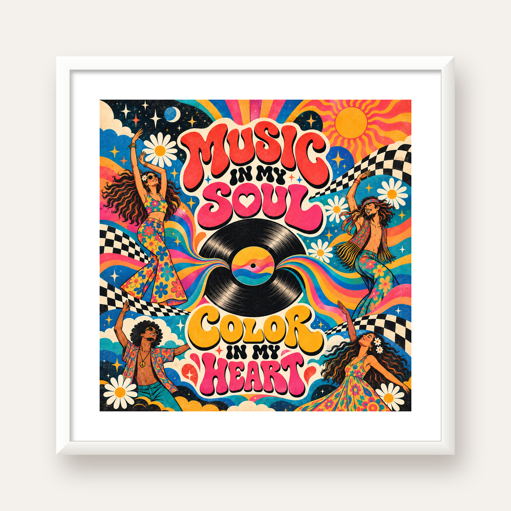 Retro Dans ve Müzik Temalı Renkli Poster – Psychedelic 70’ler — beyaz çerçeveli kare poster