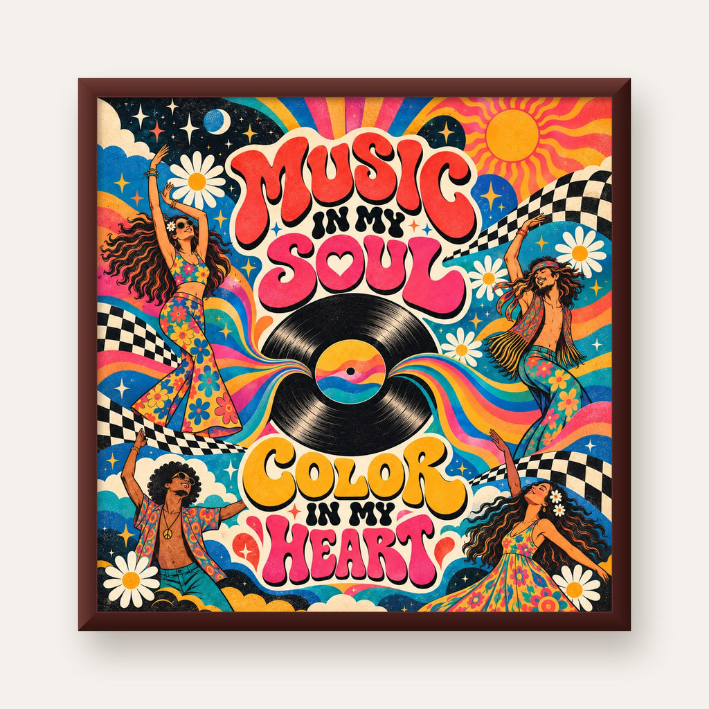 Retro Dans ve Müzik Temalı Renkli Poster – Psychedelic 70’ler — ceviz çerçeveli