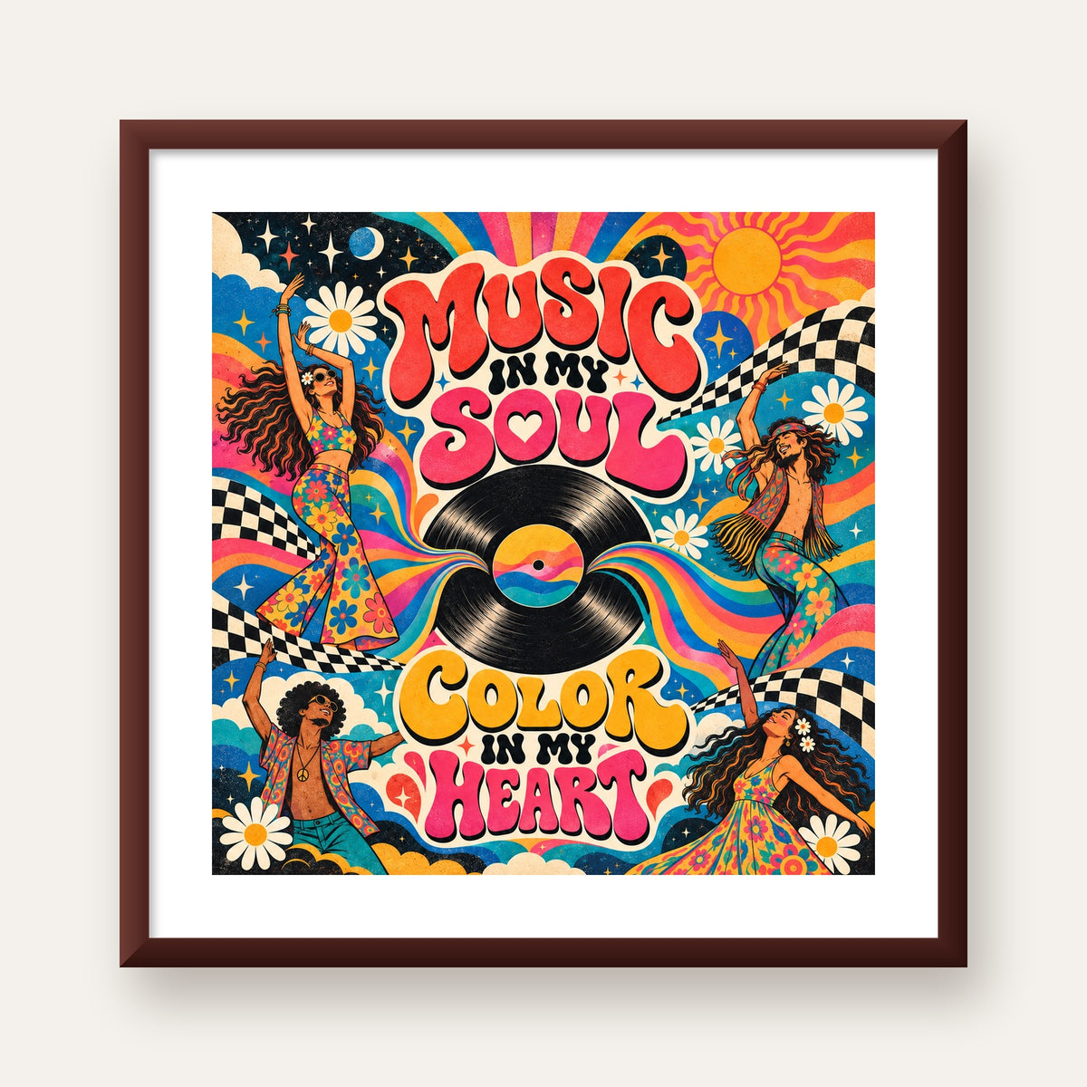 Retro Dans ve Müzik Temalı Renkli Poster – Psychedelic 70’ler — ceviz çerçeveli paspartulu