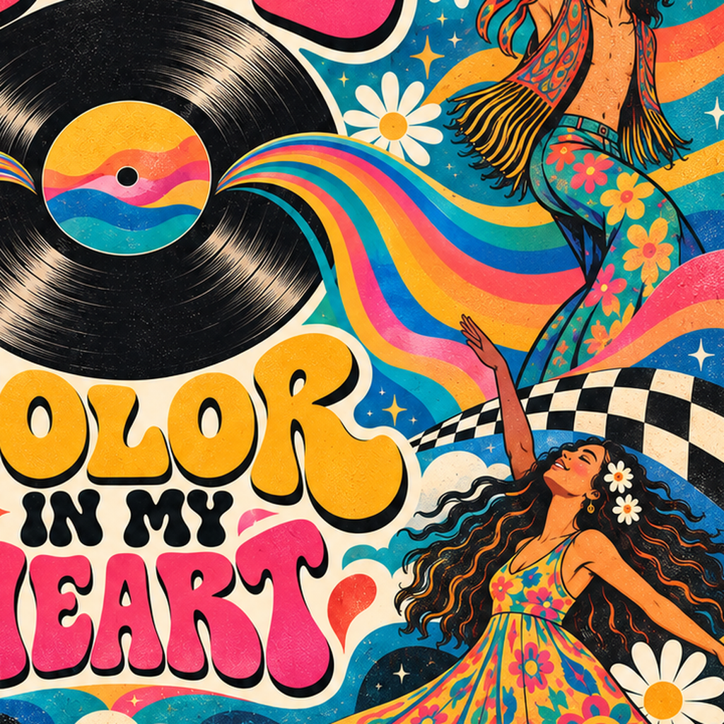 Retro Dans ve Müzik Temalı Renkli Poster – Psychedelic 70’ler — baskının yakın çekimi, kâğıt dokusu ve renk detayı