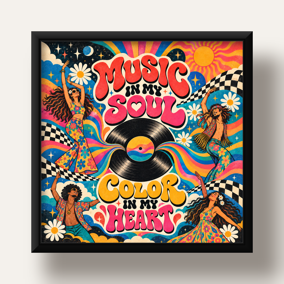 Retro Dans ve Müzik Temalı Renkli Poster – Psychedelic 70’ler — siyah derin çerçeveli