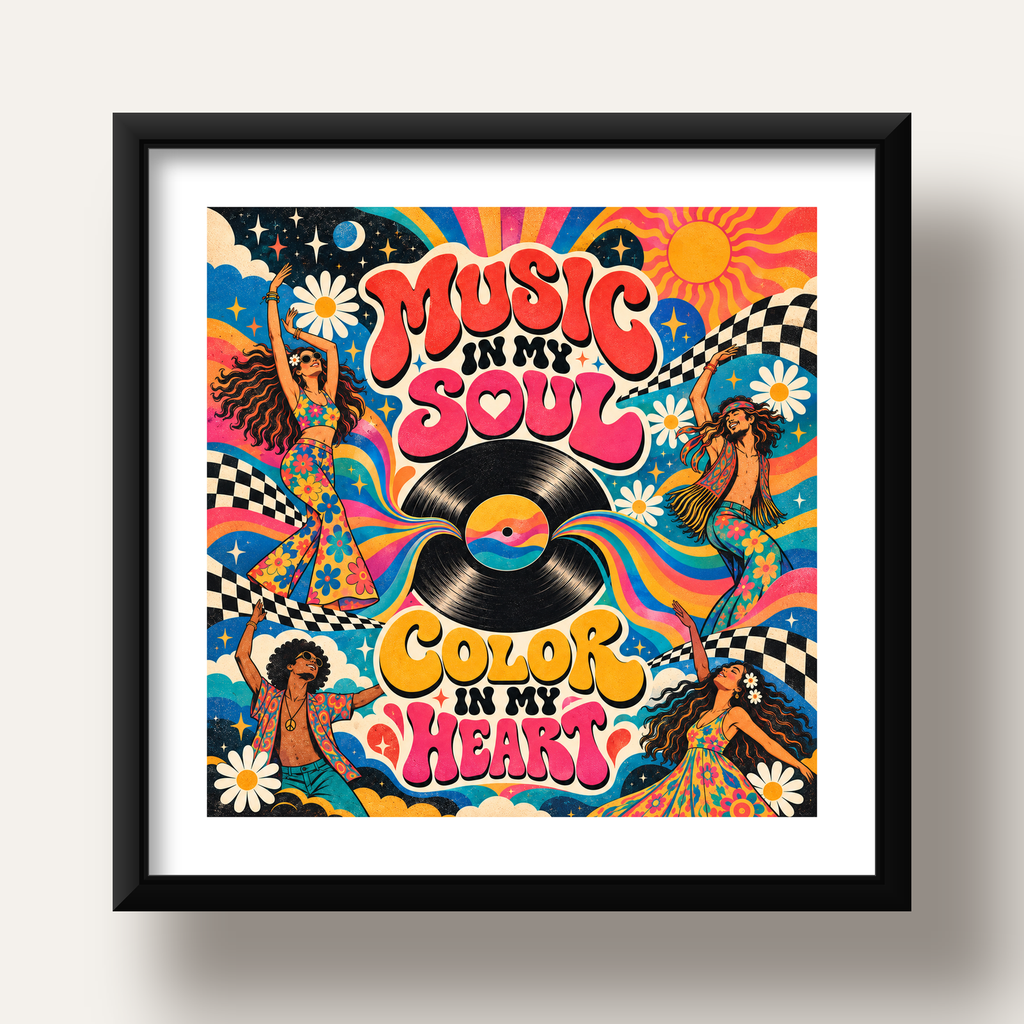 Retro Dans ve Müzik Temalı Renkli Poster – Psychedelic 70’ler — siyah derin çerçeveli paspartulu